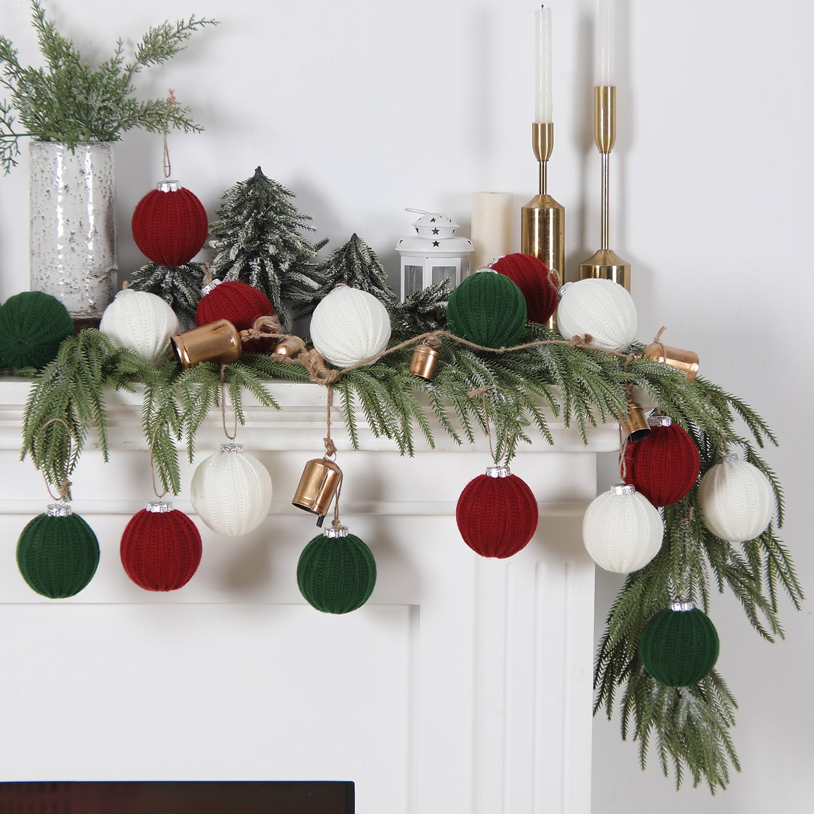 VioraWhite 12 Pcs Red and Green Christmas Ornaments, 3.15 Inch Boho Farmhouse Crochet Christmas Balls Modern Handmade Woven Knit
