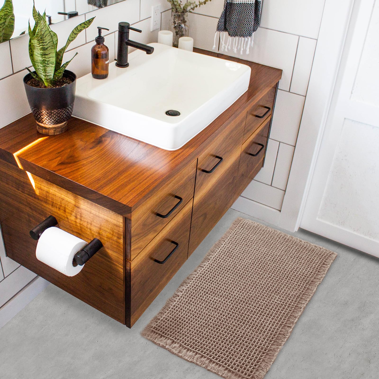 Zall Tan Waffle Bath Mat,Super Absorbent Non Slip Bathroom Rug,Brown 24X36Inch,Machine Washable Ultra Soft Floor Mats