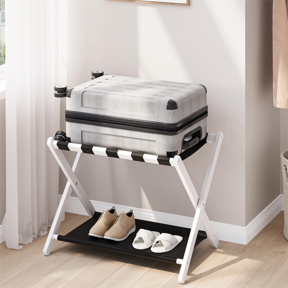 Smart Fendee Luggage Rack, Folding Luggage Rack For Guest Room, White Bamboo Suitcase Stand Holds Up To 131 Lb, Luggage Stand Wi