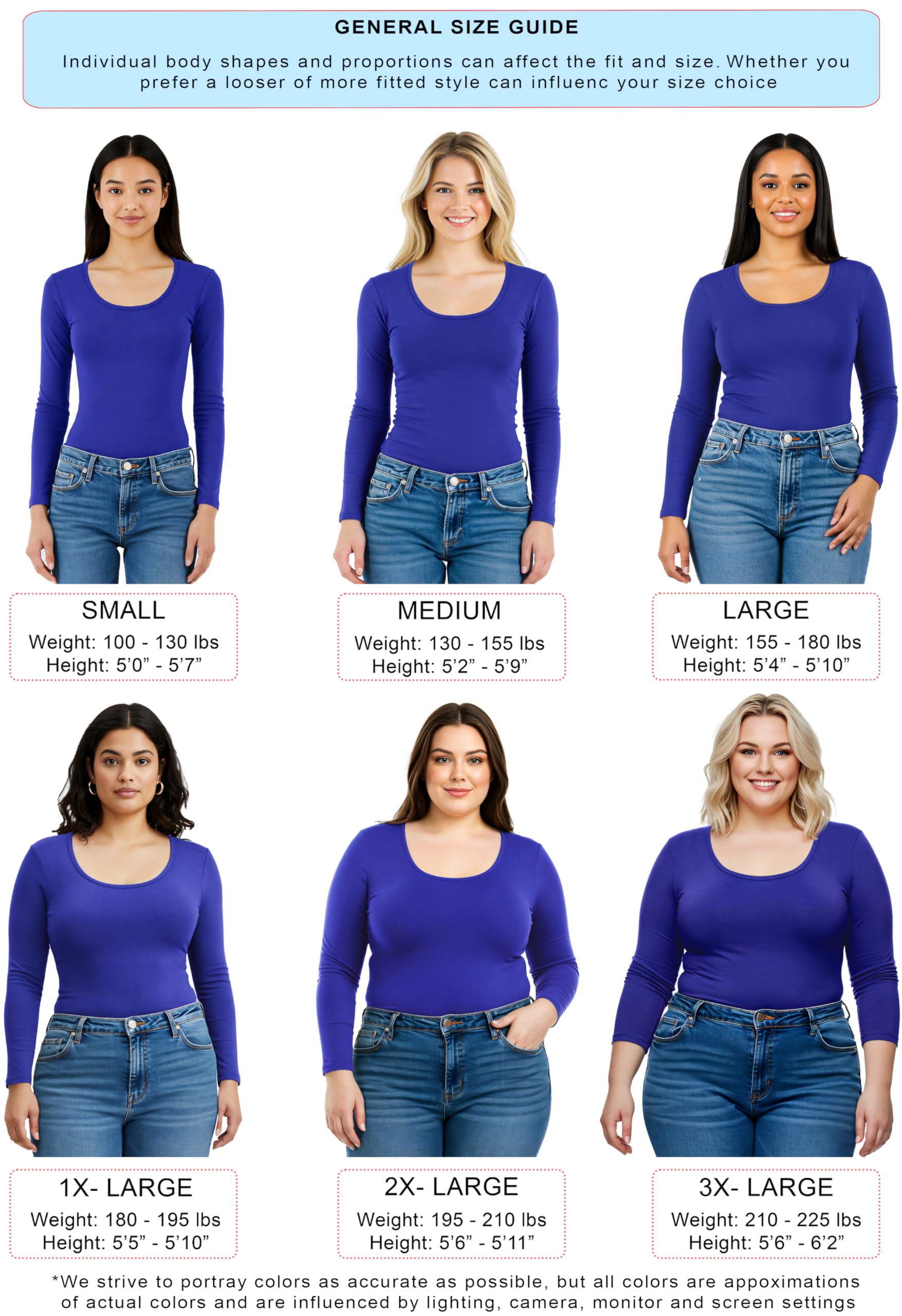 Emmalise Womens Junior And Plus Size Basic Scoop Neck Tshirt Long Sleeve Tee, Small, 3Pk White, Royal, Navy