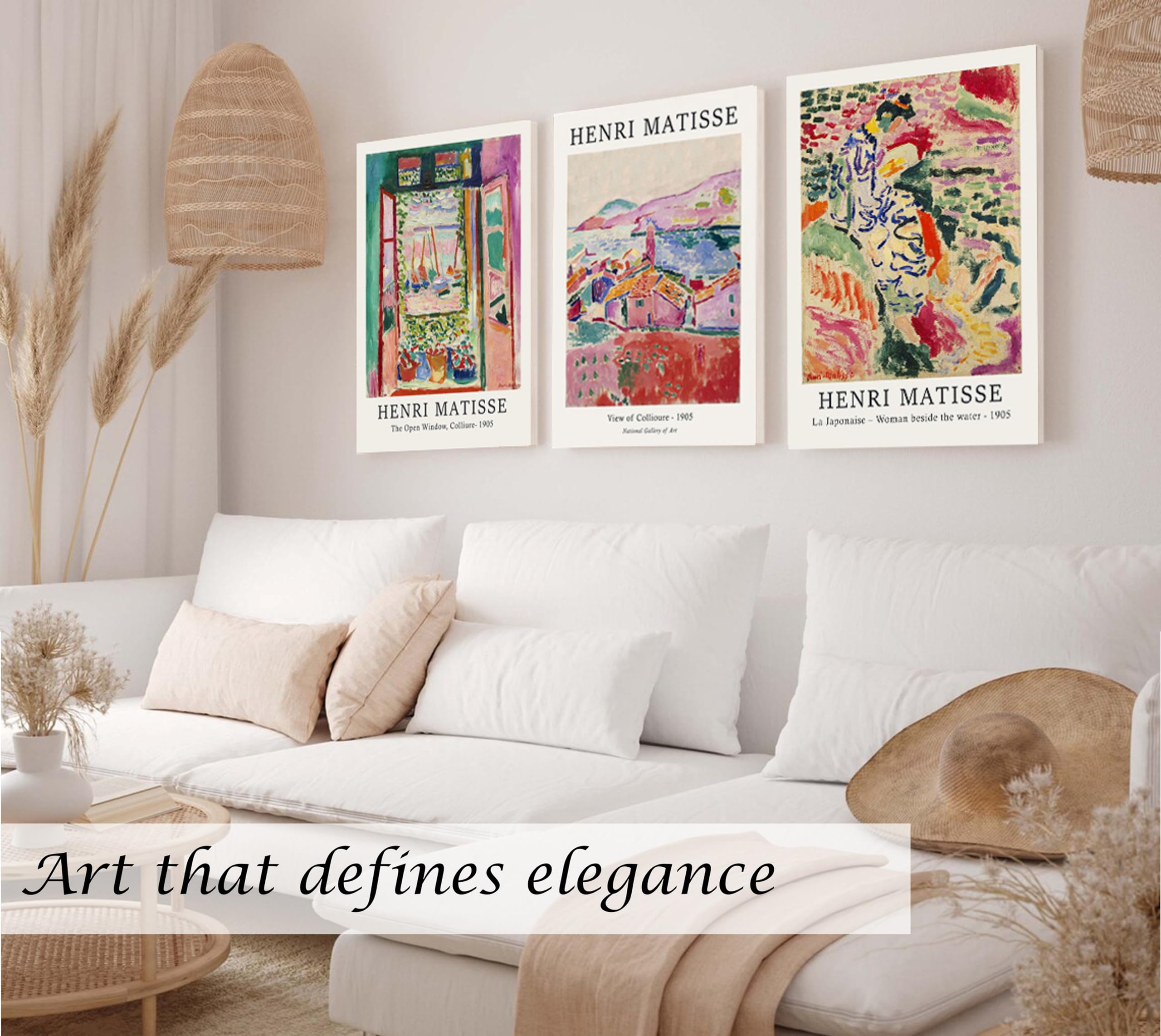 Induslyfe Large Framed Sage Green Vintage Wall Art Canvas Decor Set Of 3, Matisse Wall Art Prints Poster Mid Century Modern Art,
