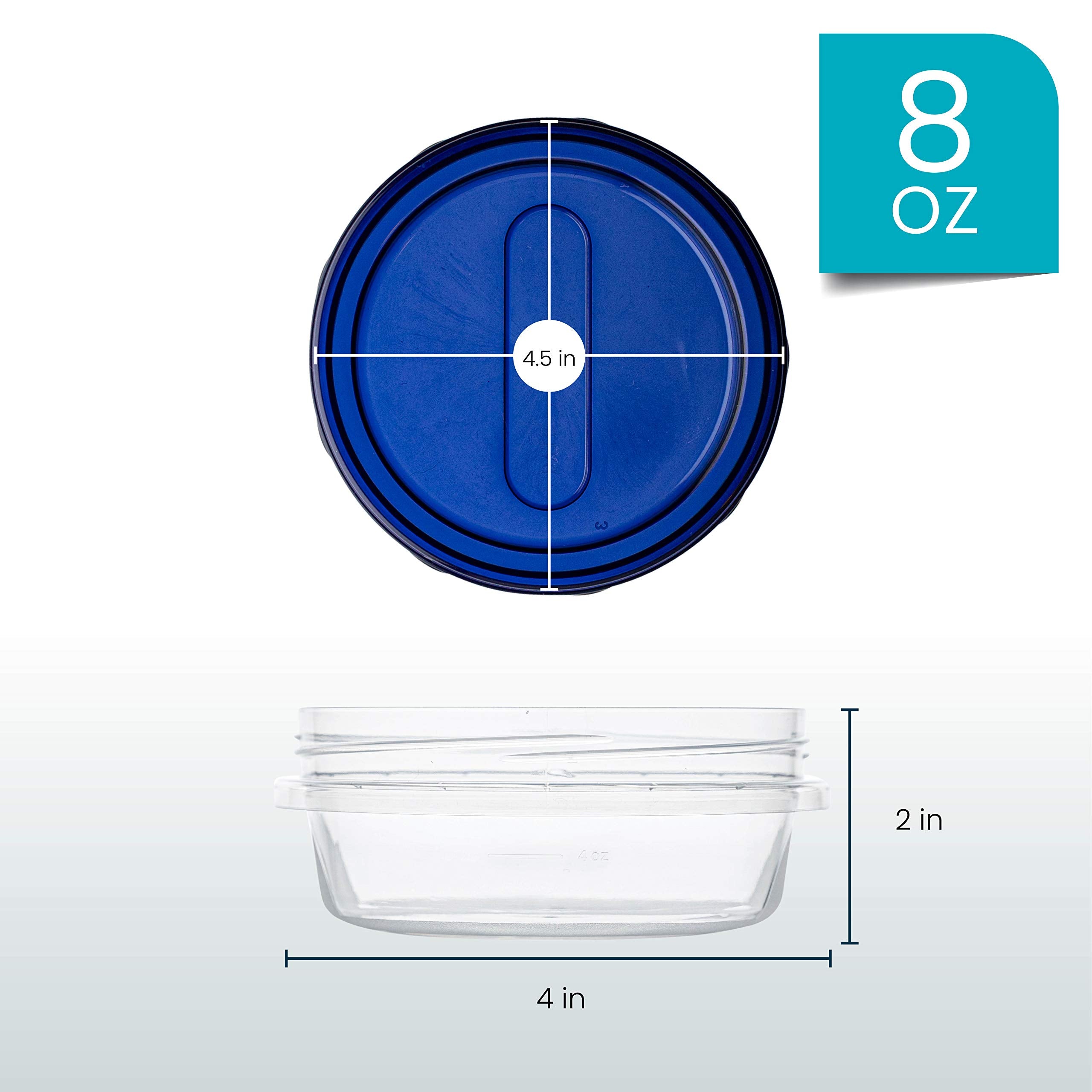 Plasticpro [8 Oz 4 Pack] Deli Containers Clear Bottom With Blue Top Twist On Lids Reusable, Stackable, Food Storage Freezer Cont