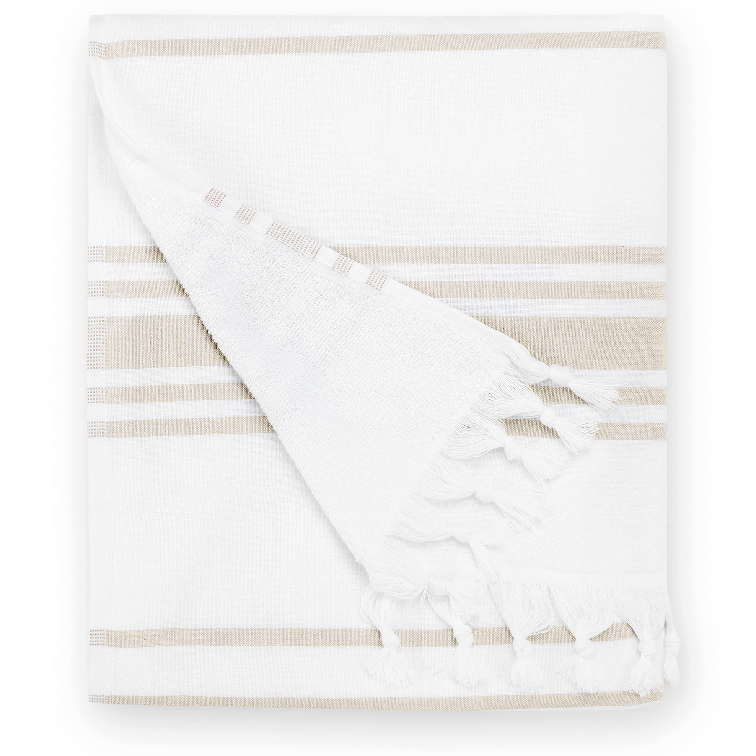Laguna Beach Textile Co. Soft Turkish Fouta Beach Towel - White & Dune Tan, 400 Gsm