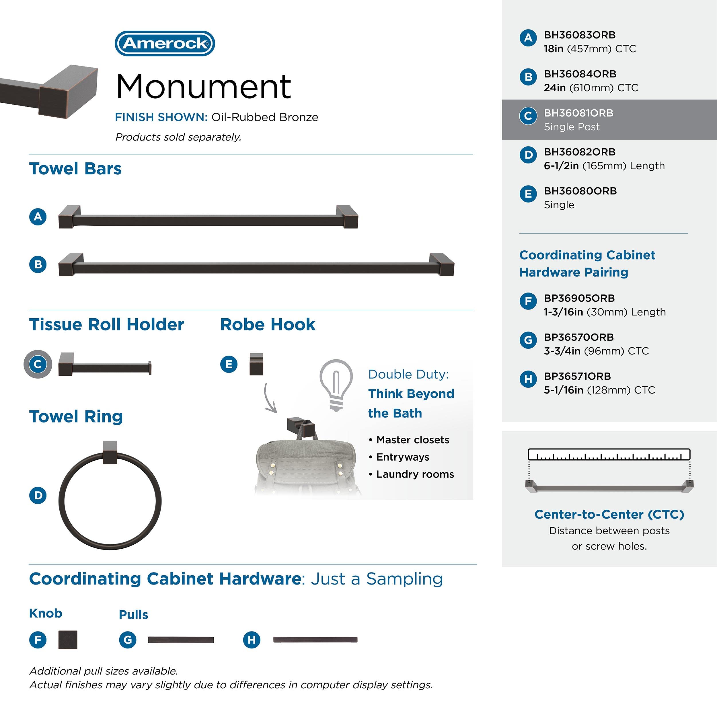 Amerock Bh36081Orb | Oil Rubbed Bronze Single Post Toilet Paper Holder | 5-7/8 In. (149 Mm) Length Toilet Tissue Holder | Monume