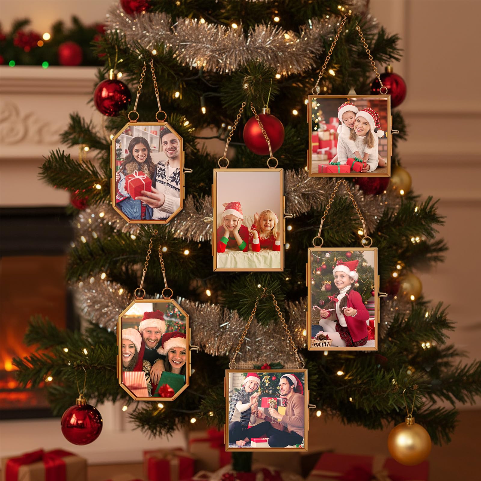 Qunclay 6 Pcs 2x3    2.5x3.5    3.2x3.2    Christmas Brass Picture Frame Ornaments Square Rectangle Octagon Christmas Metal Doub