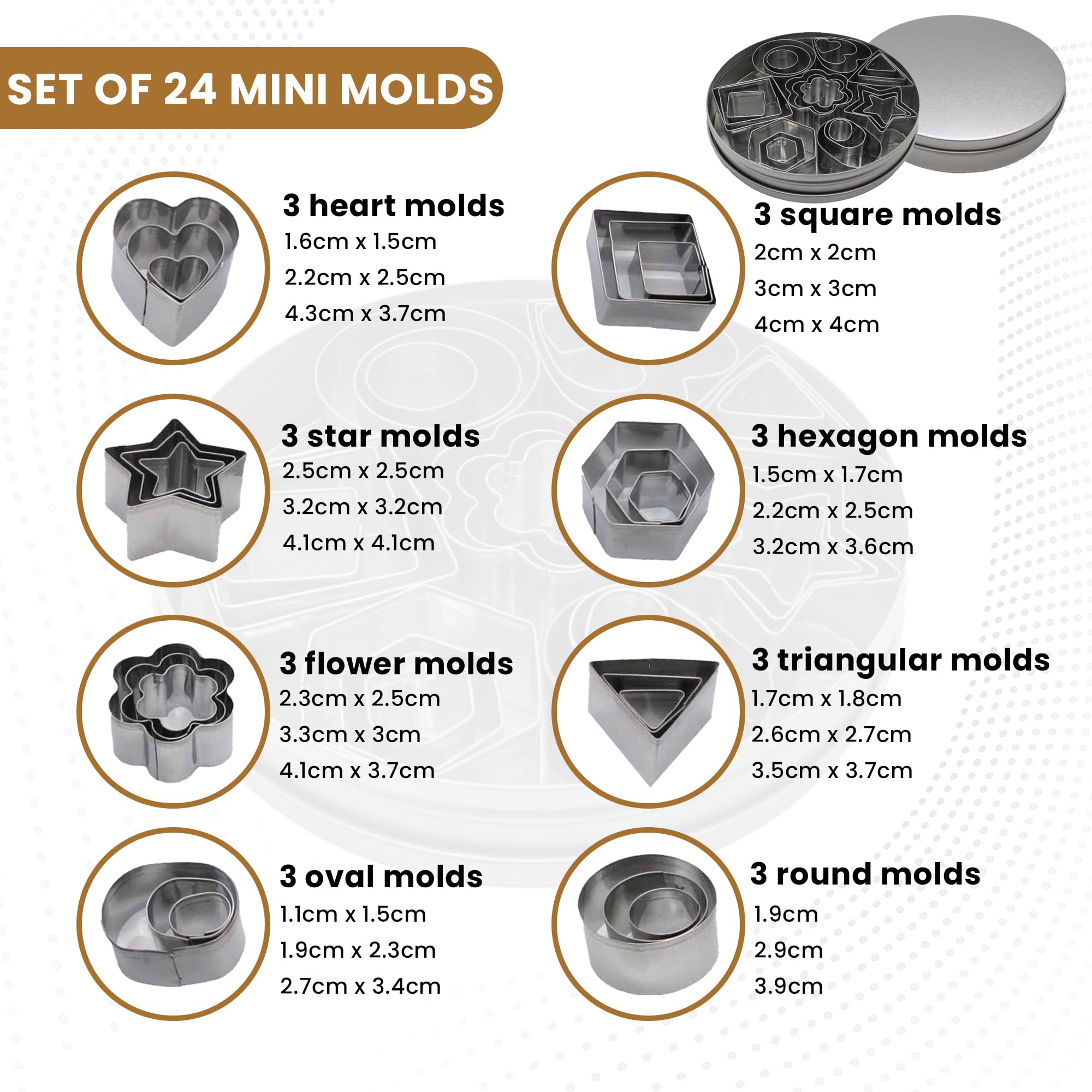 Gadgetime Usa Stainless Steel Mini Cookie Cutter Set (24 Pcs) - Geometric Shapes Biscuit Molds & Stamp - Round, Star, Triangle,