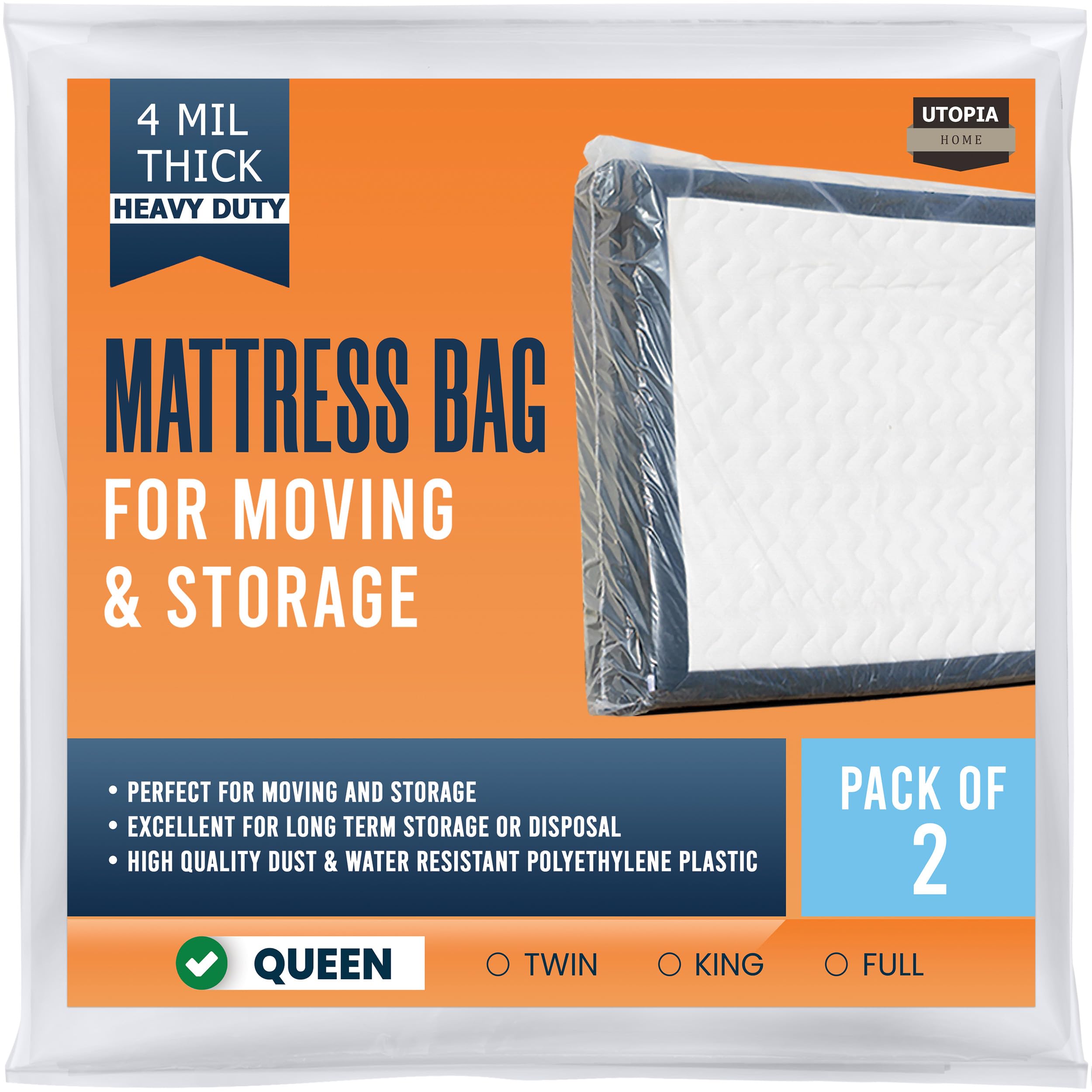 Utopia Home Mattress Bag For Moving Queen Size (Pack Of 2), 4 Mil Thick Mattress Storage Bag, Plastic Mattress Cover, Fits Mattr