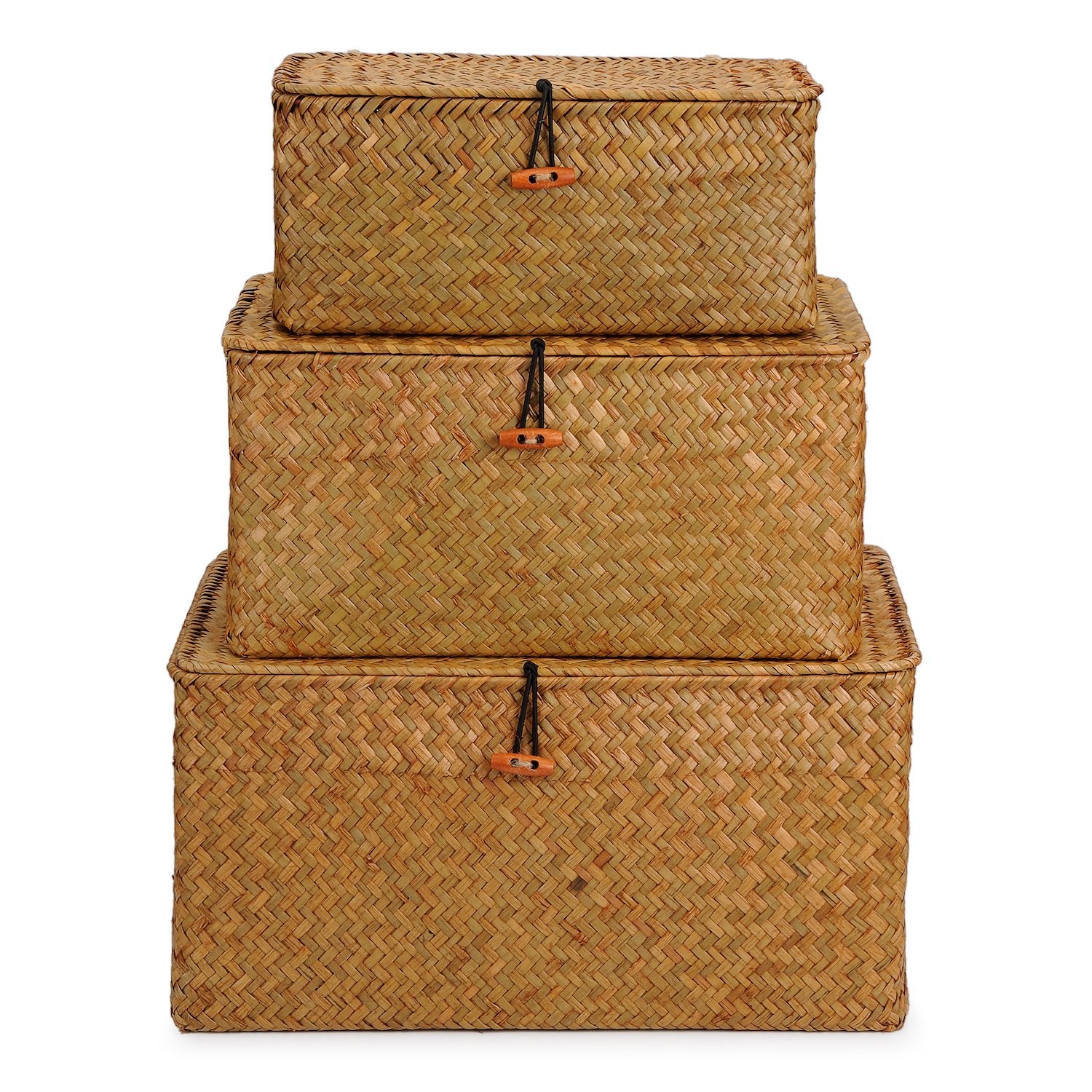 Dokot Woven Wicker Storage Bins With Lid, Seagrass Basket For Shelf Organizer, Extra Large, Set Of 3