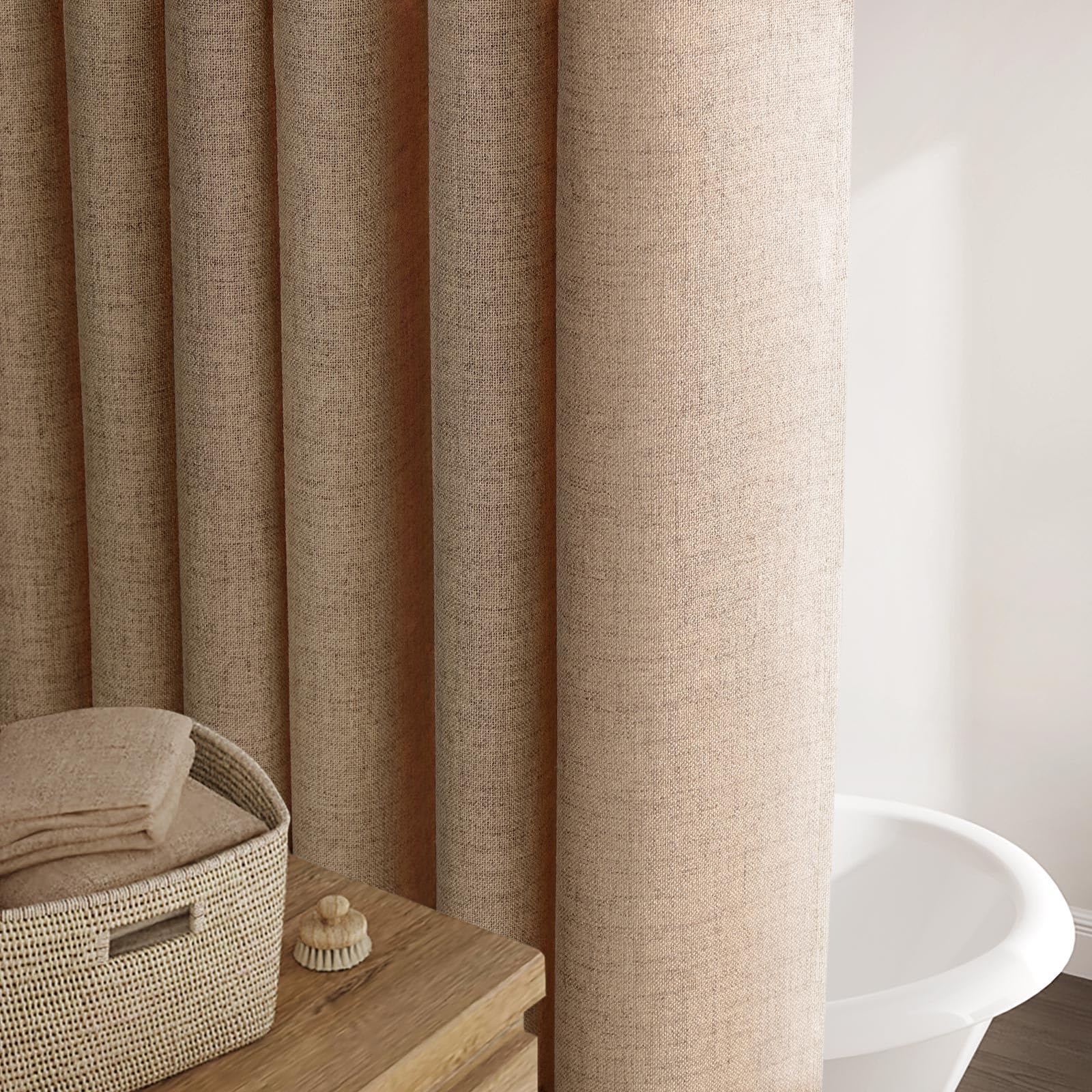 Awellife Extra Long Brown Linen Style Shower Curtain Set With 12 Durable Hooks - Tan Textured Fabric Heavy Cloth Shower Curtains