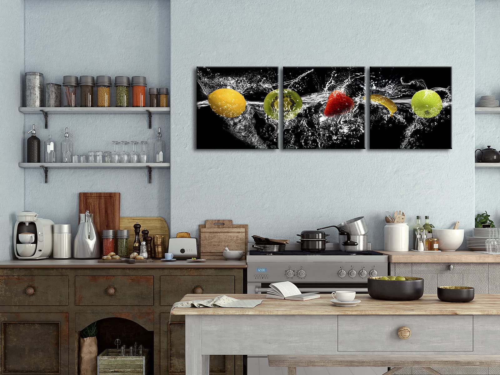 Pyradecor Dancing Fruit Large Modern Landscape Artwork 3 Piece Gallery Wrapped Giclee Canvas Prints Black Pictures Paintings On