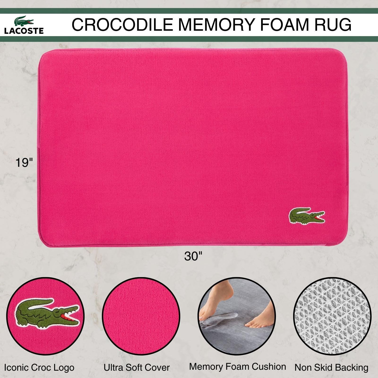 Lacoste Crocodile Bath Mat, Memory Foam Rug, Magenta, 19X30