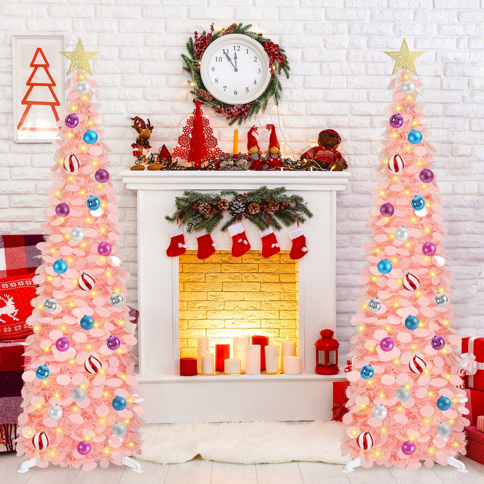 SINTENILL 5 FT Pop Up Christmas Tree with Timer Lights and Decorations, Pink Artificial Tinsel Christmas Tree with 24 Ball Ornam