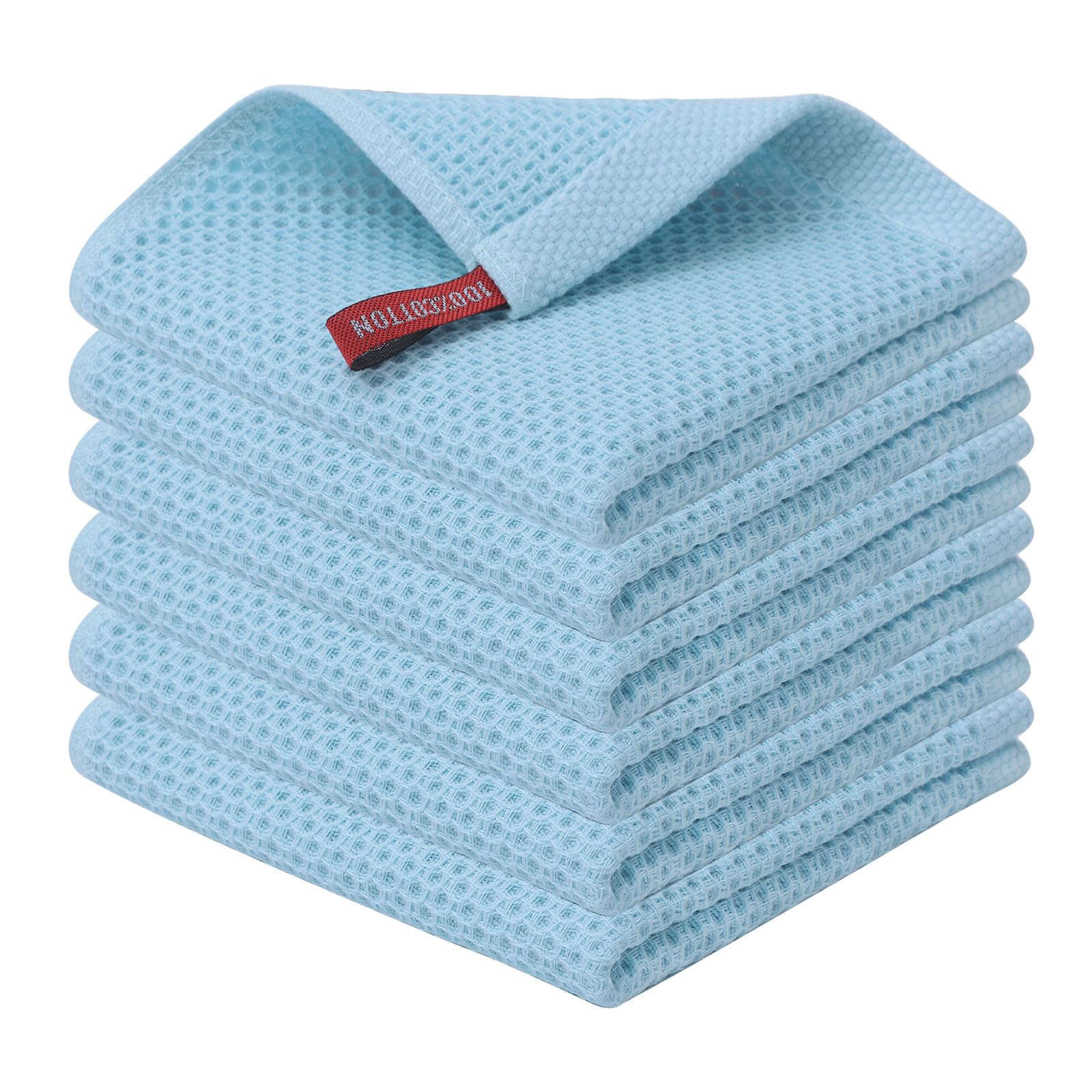 Kitinjoy 100% Cotton Kitchen Dish Cloths (12 X 12 Inches, Sky Blue),6 Pack Waffle Weave Ultra Soft Absorbent Dish Towels for Dry