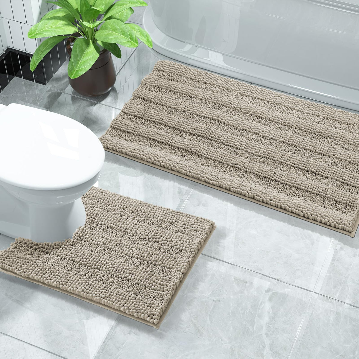 Yimobra Luxury Chenille Bathroom Rugs Sets 2 Piece, Extra Thick Non Slip Quick Dry U Shaped Toilet Bath Mat, Fluffy Shaggy Micro