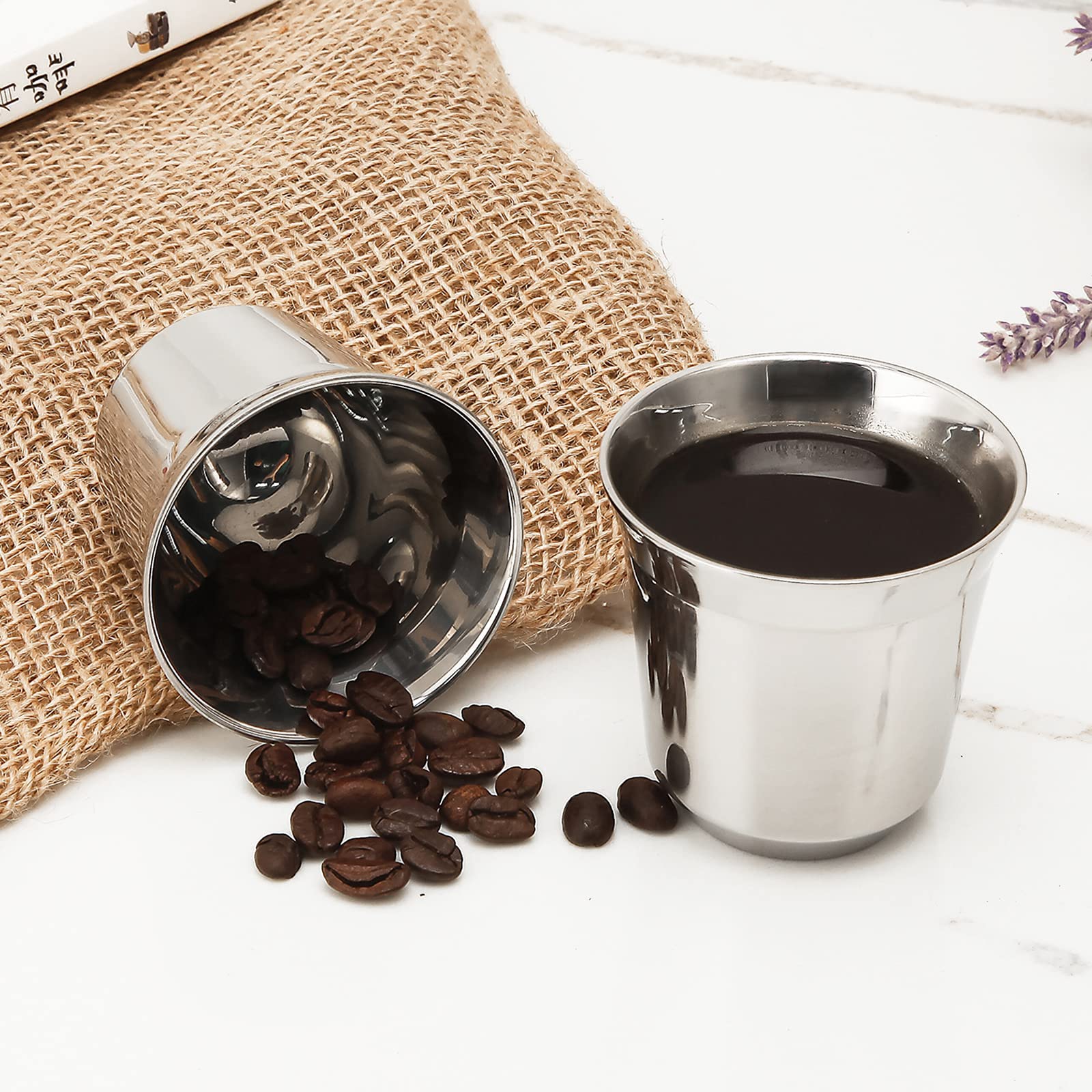 Easyworkz Stainless Steel Espresso Cup 2Pcs Set Double Wall Insulated Metal Demitasse Cups 5 Oz