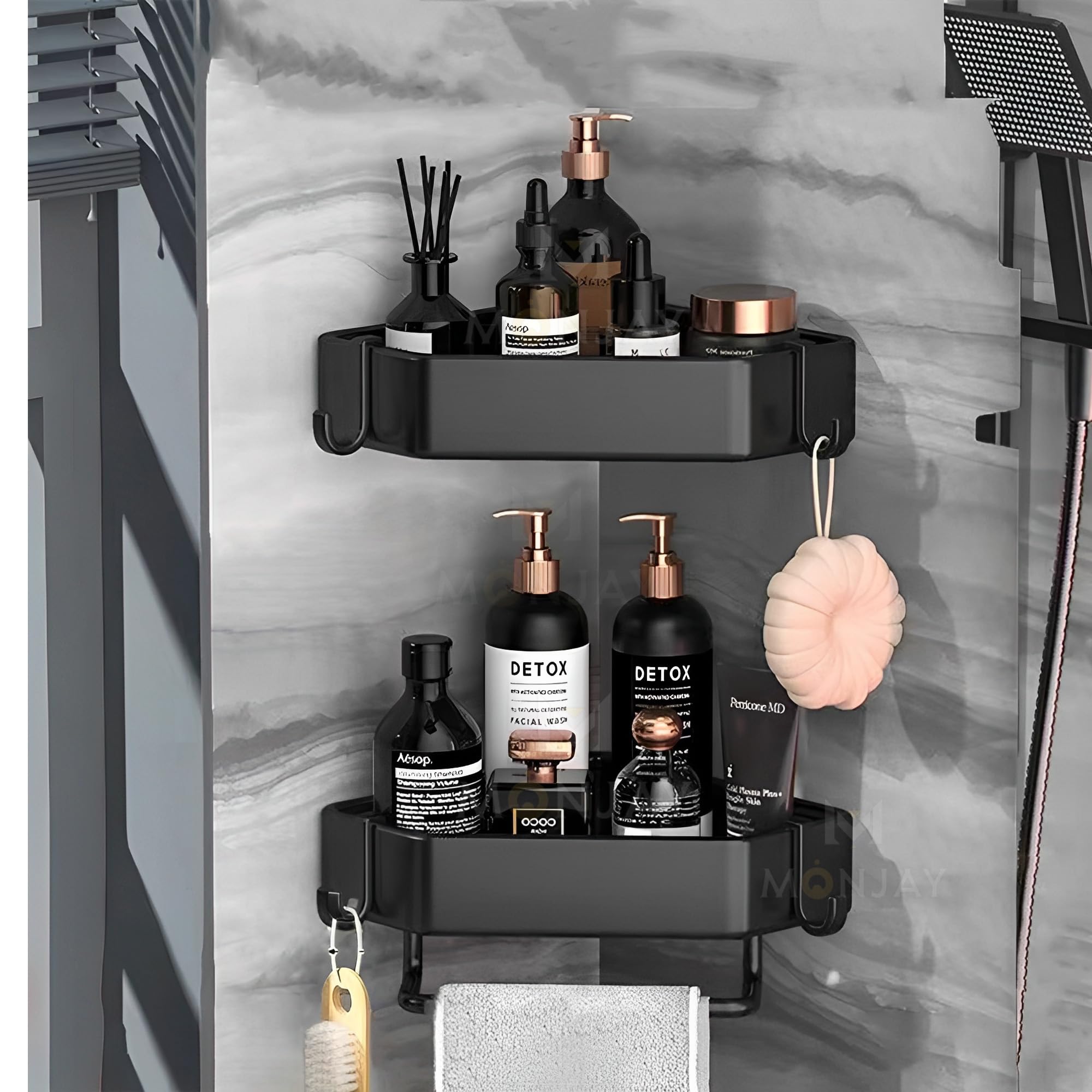 Monjay SelfAdhesive Aluminium Bathroom Corner Shelf Rack Bathroom Corner Organizer Stand Bathroom Organisers Storage Racks Bath