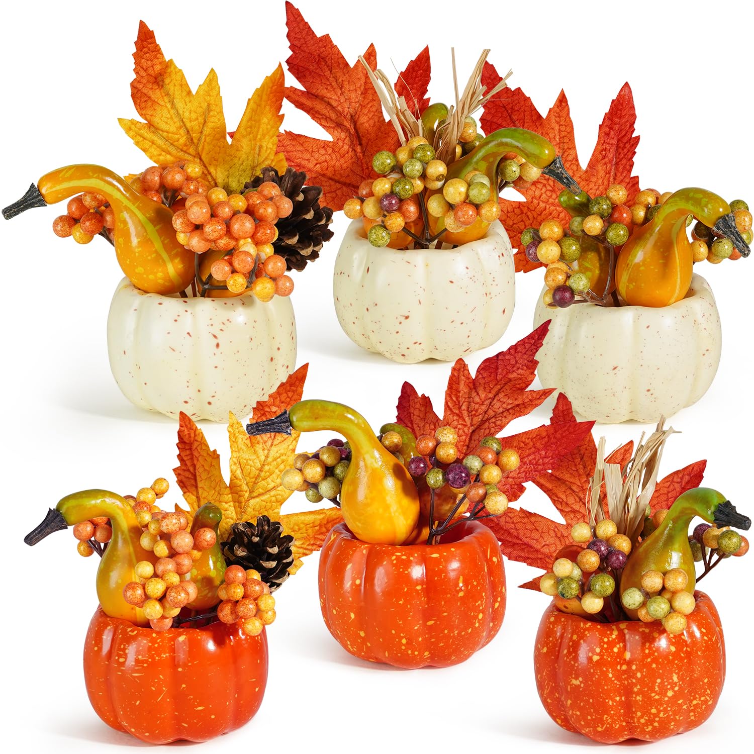 Artmag Set of 6 Artificial Pumpkins Decorations, Decorative Orange Pumpkin with Maple Berry Acorn Pine Cone Vegetables for Fall 
