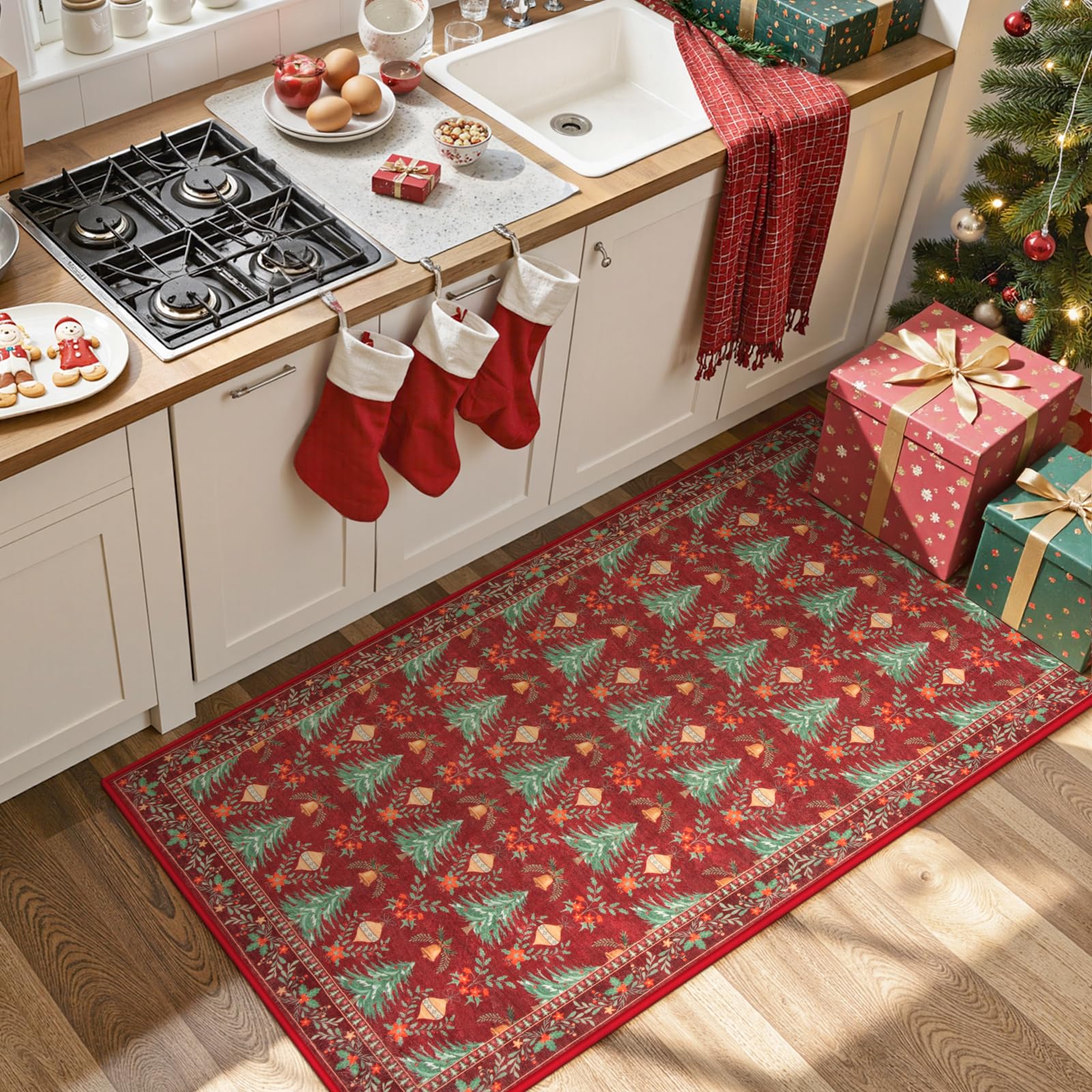 Yuemasi Christmas Rug 2x4, Red Washable Christmas Kitchen Rug Door Mat, Cozy Christmas Carpet for Entryway Non Slip, Xmas Tree P