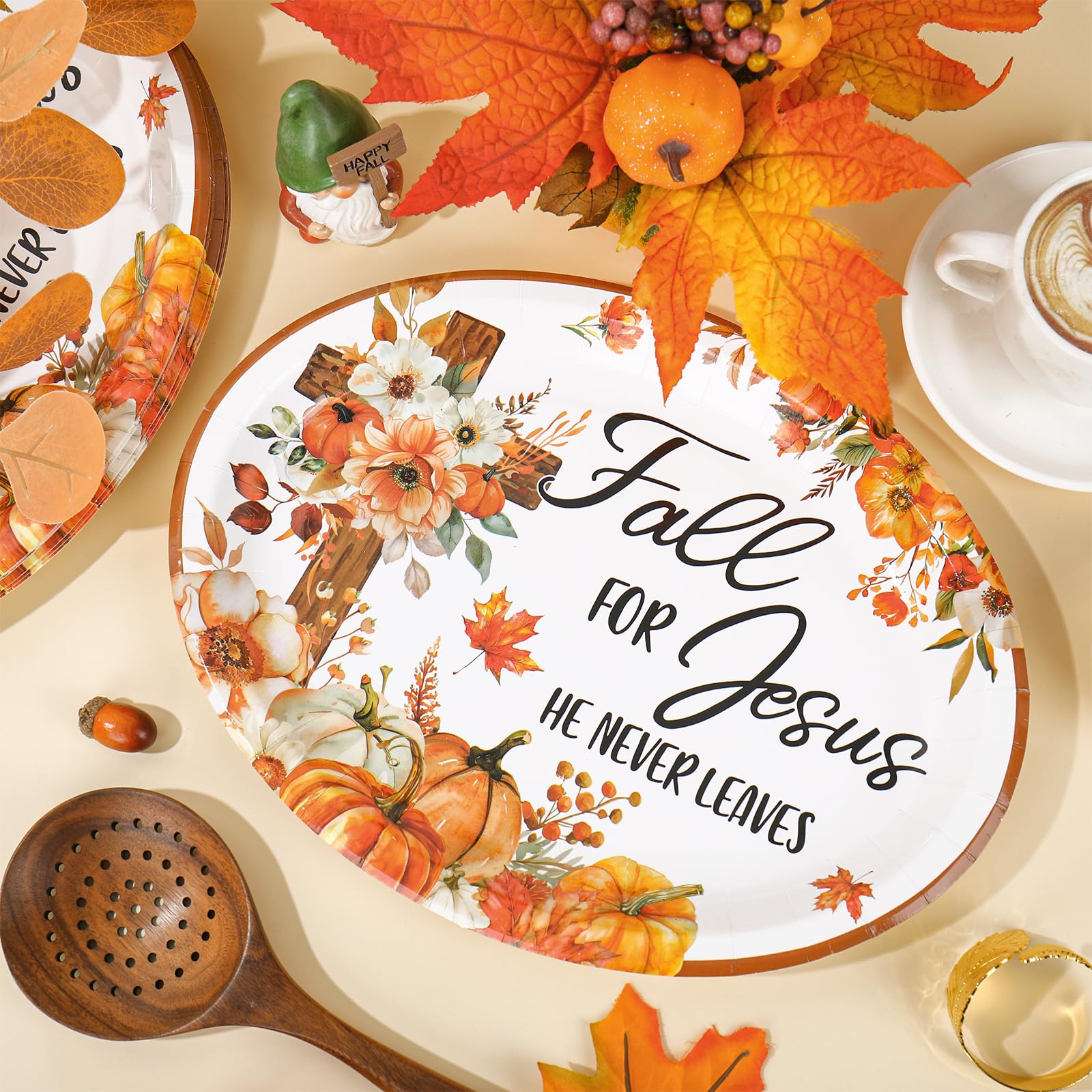 50 Pcs Fall Oval Paper Plates Pumpkin Floral Cross Disposable Dinner Plates for Autumn Thanksgiving Harvest Party Supplies