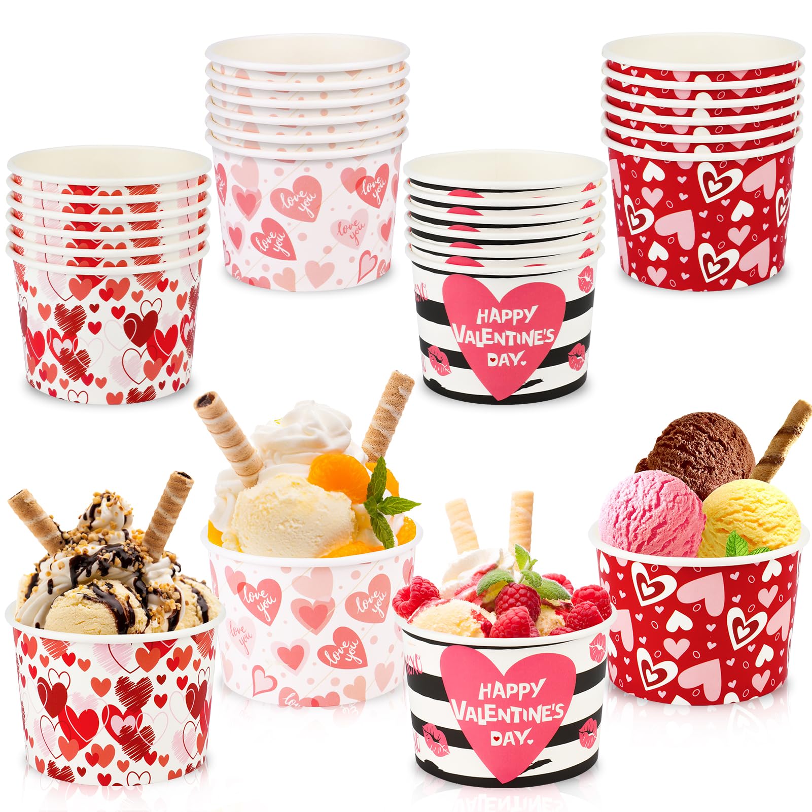 Howaf 24Pcs Valentine'S Day Party Supplies Ice Cream Bowls, Valentine Day Disposable Treat Snack Cups For Sundae Hot Or Cold Foo