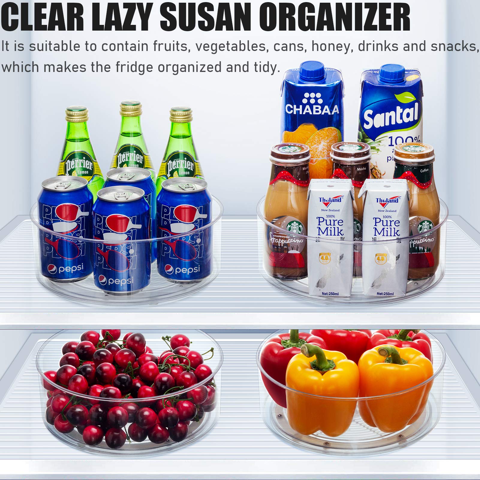 Tiblue Lazy Susan - 2 Pack Round Plastic Clear Rotating Turntable Organization & Storage Container Bins For Cabinet, Pantry, Fri