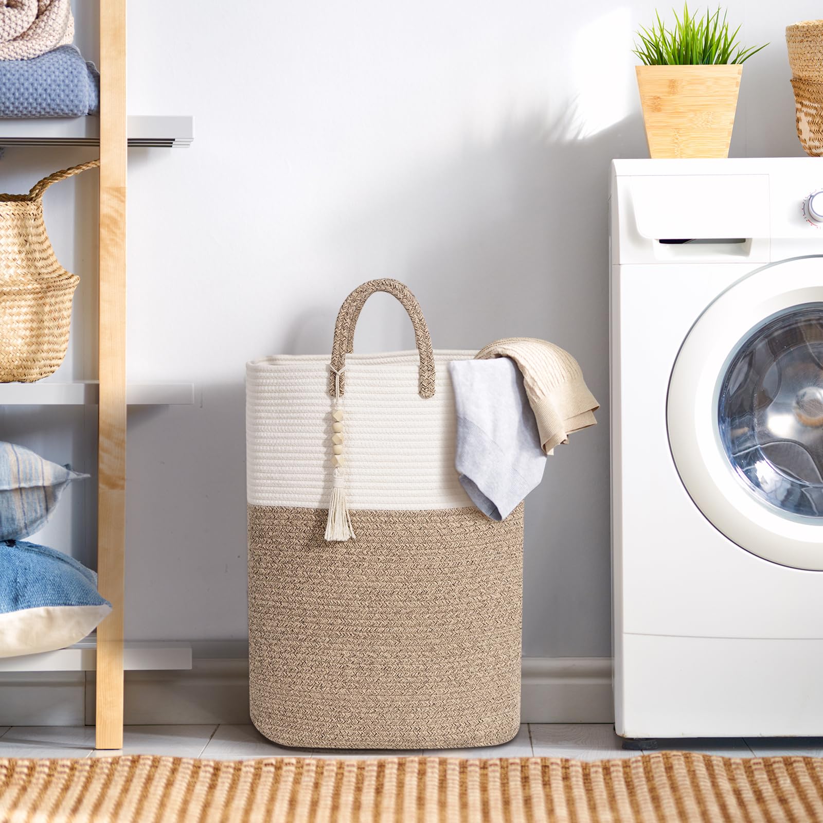 Woven Laundry Basket For Clothes, 50L Large Rectangle Laundry Hampers With Beads Tassel, Nursery Storage Basket For Toys, Tall D