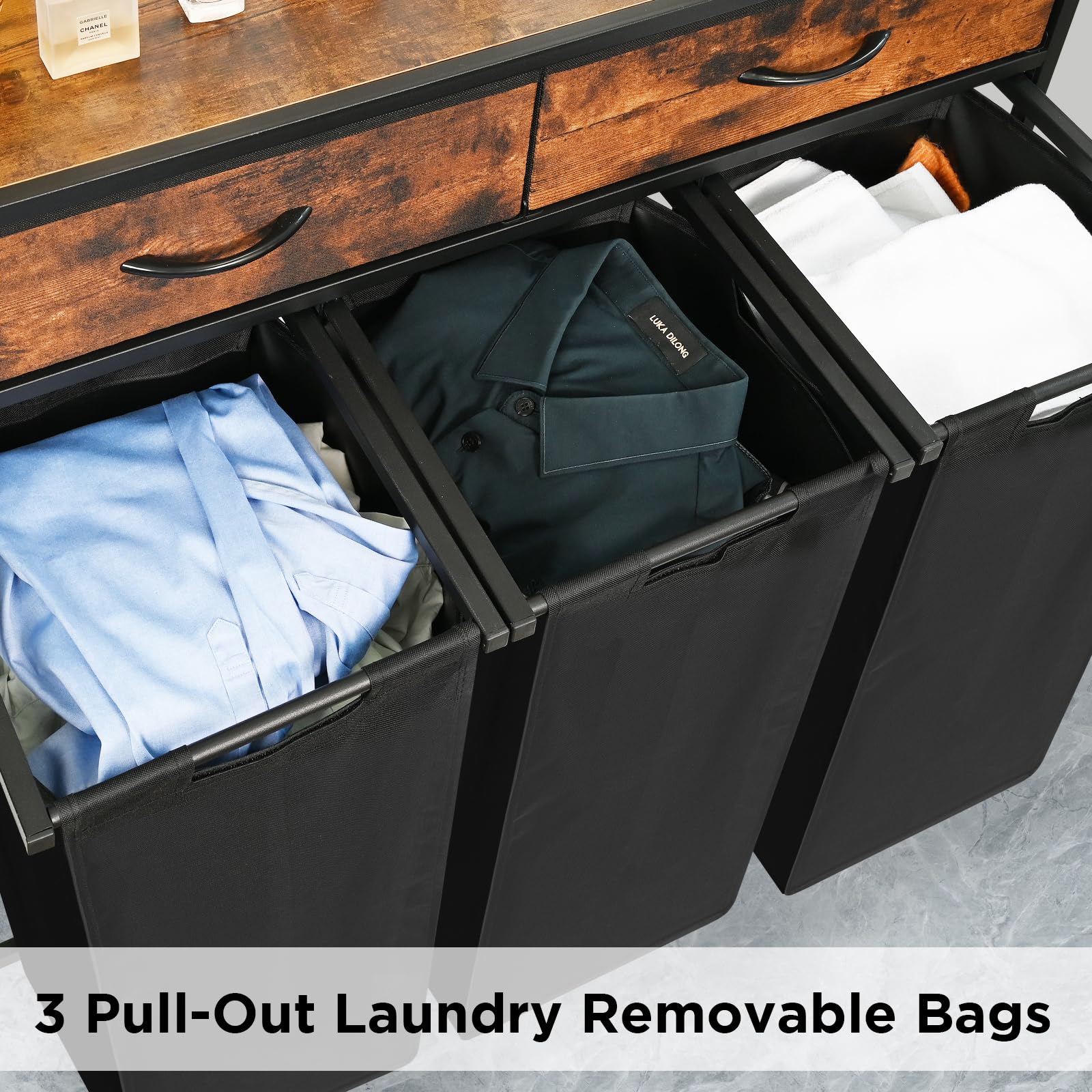 Laundry Sorter 3 Section, Laundry Hamper With Shelf And 2 Drawers, 180L Laundry Basket, Laundry Organizer Cart, Pull-Out And Rem
