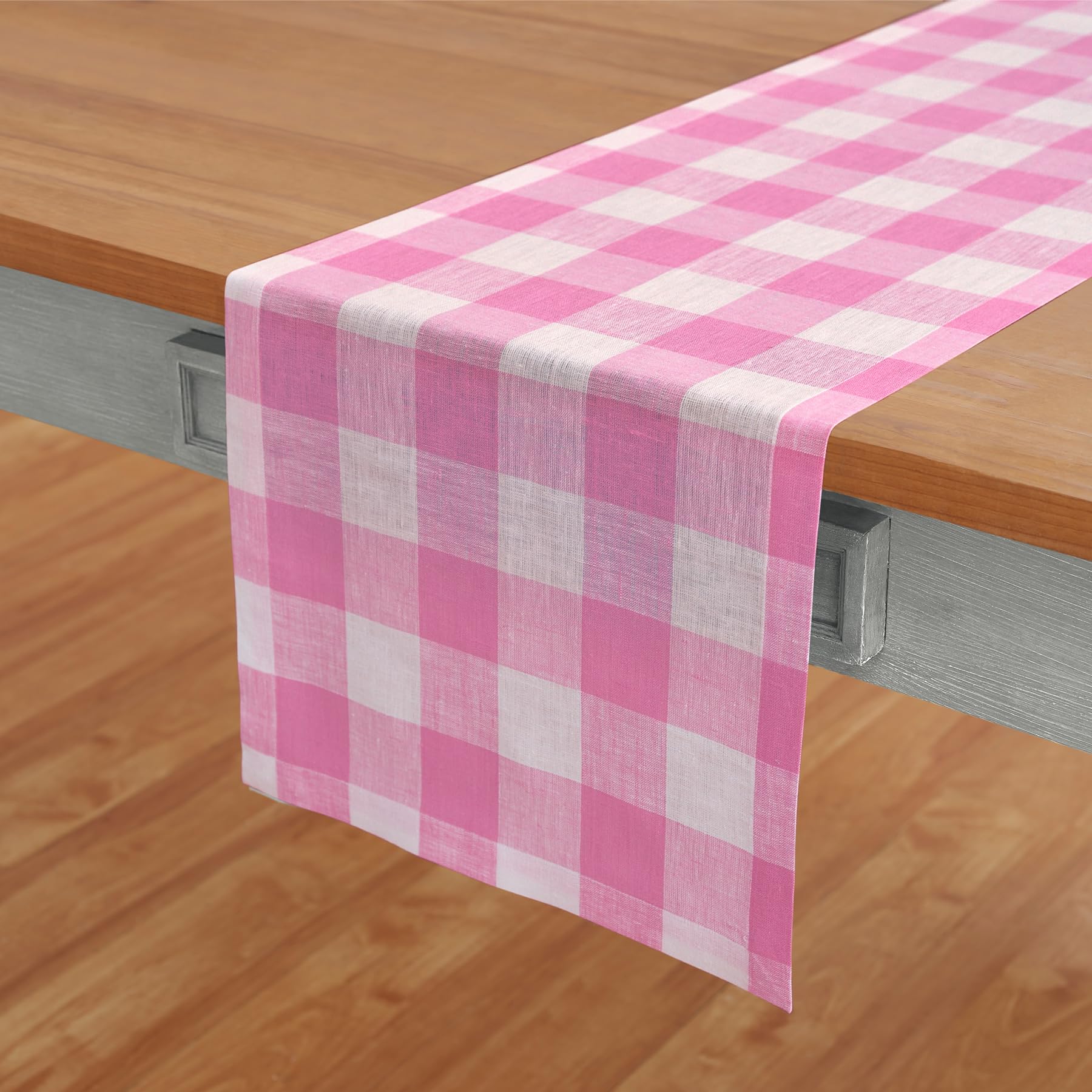 Solino Home Linen Buffalo Check Table Runner 48 inches Long - 100% Pure Linen Buffalo Plaid Pink Begonia Table Runner 14 x 48 Inch - Small Coffee Table Runner for Indoor  Outdoor