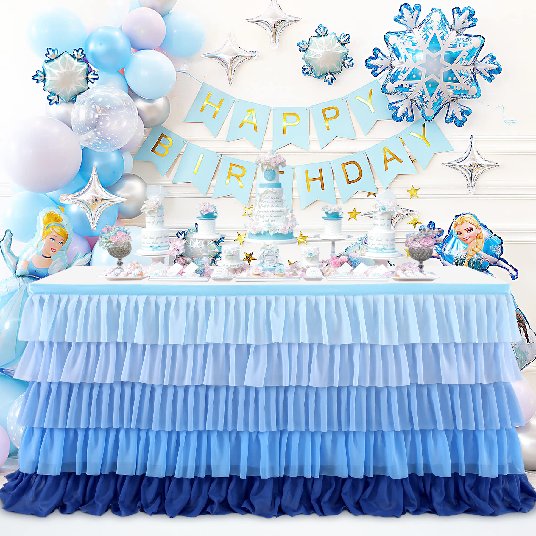 Gradient Blue Table Skirt Tutu Tablecloth For Under The Sea Party Frozen Decorations Gender Reveal Birthday Elephant Baby Shower
