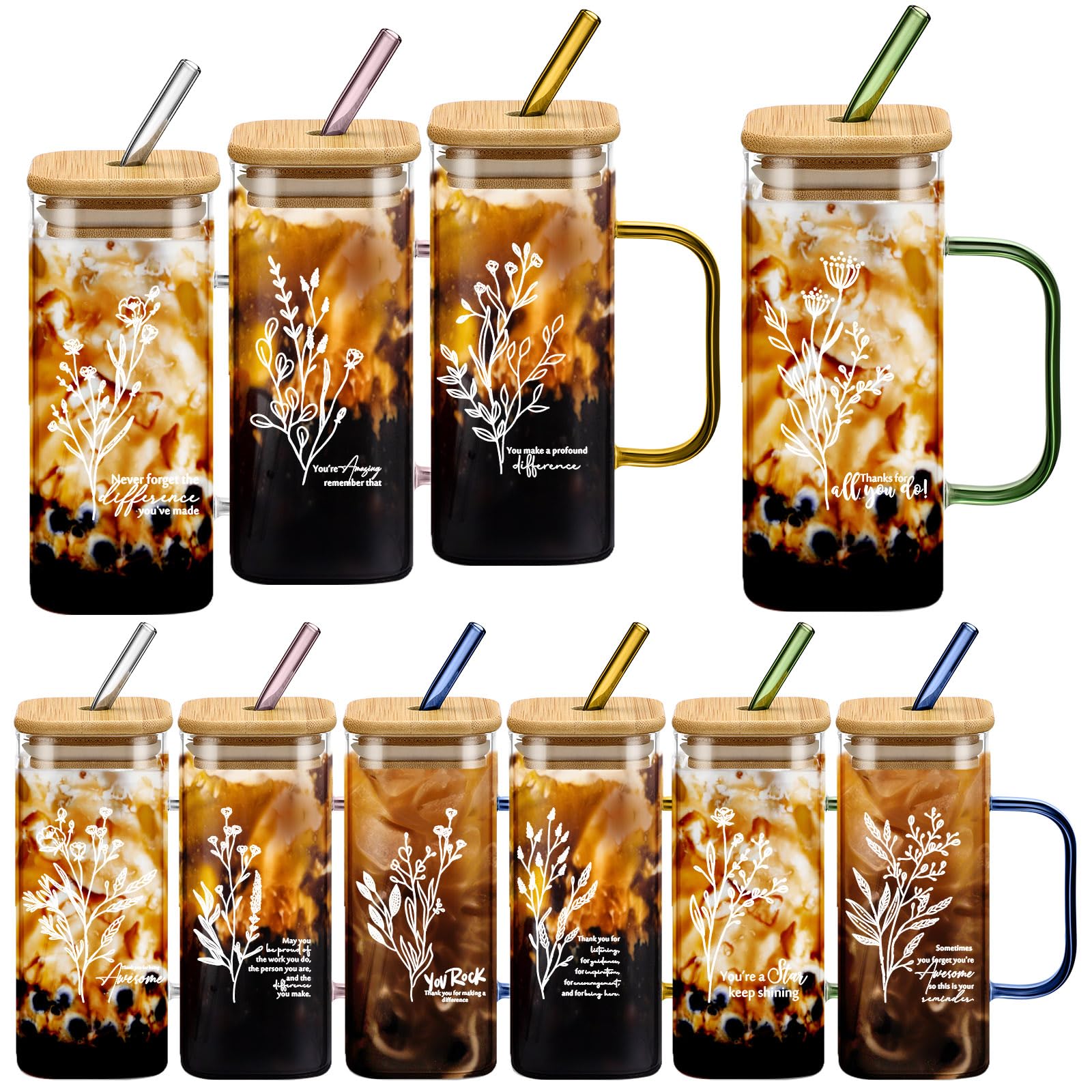 Singhoow 10 Pcs Employee Appreciation Glass Cup 13.5oz Teacher Gift with Handle Lid Straw CNA Week Inspirational Tumbler for bac
