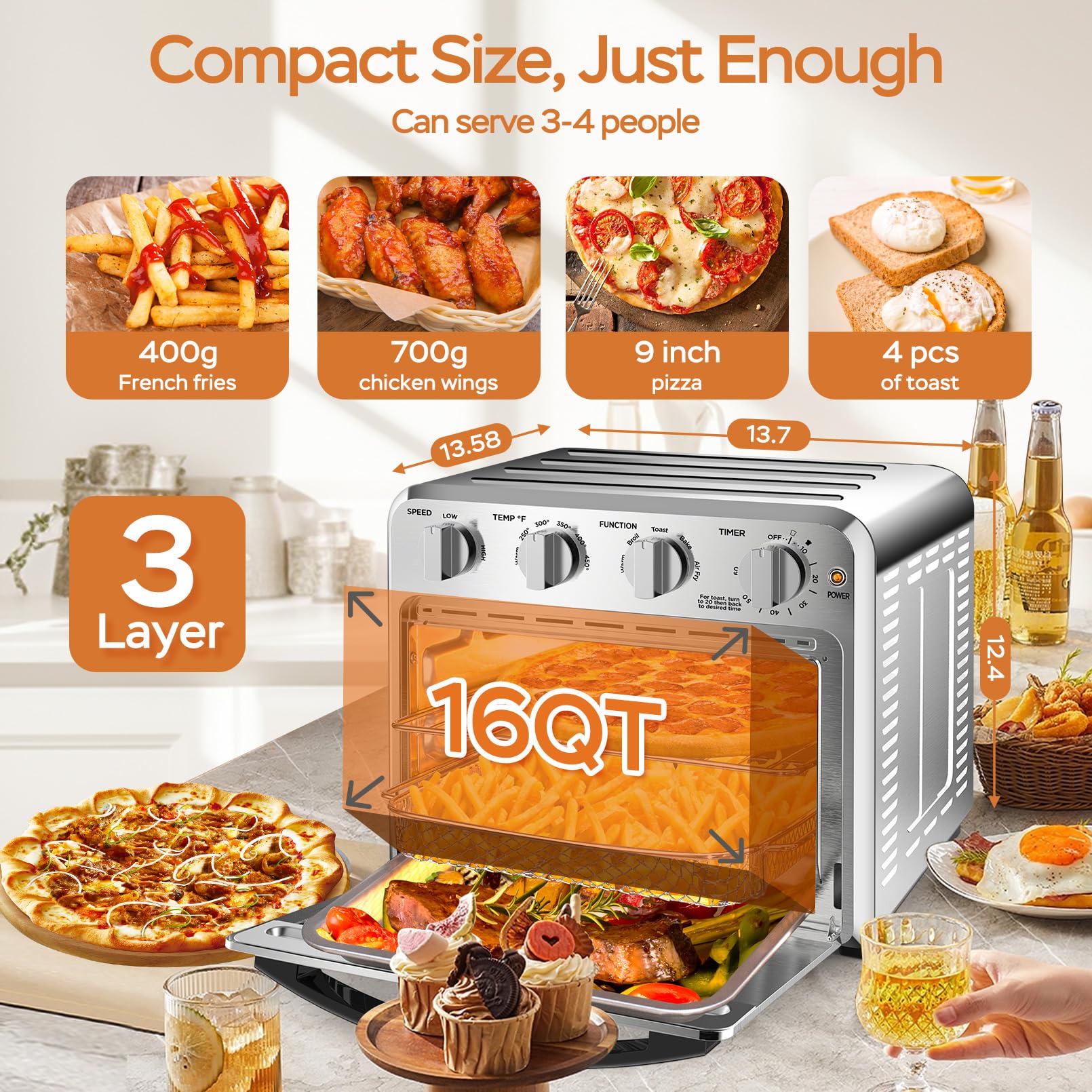 Geek Chef 16QT Convection Air Fryer Toaster Oven, Silver Stainless Steel, Oilless Cooker with Accessories & E-Recipes Included