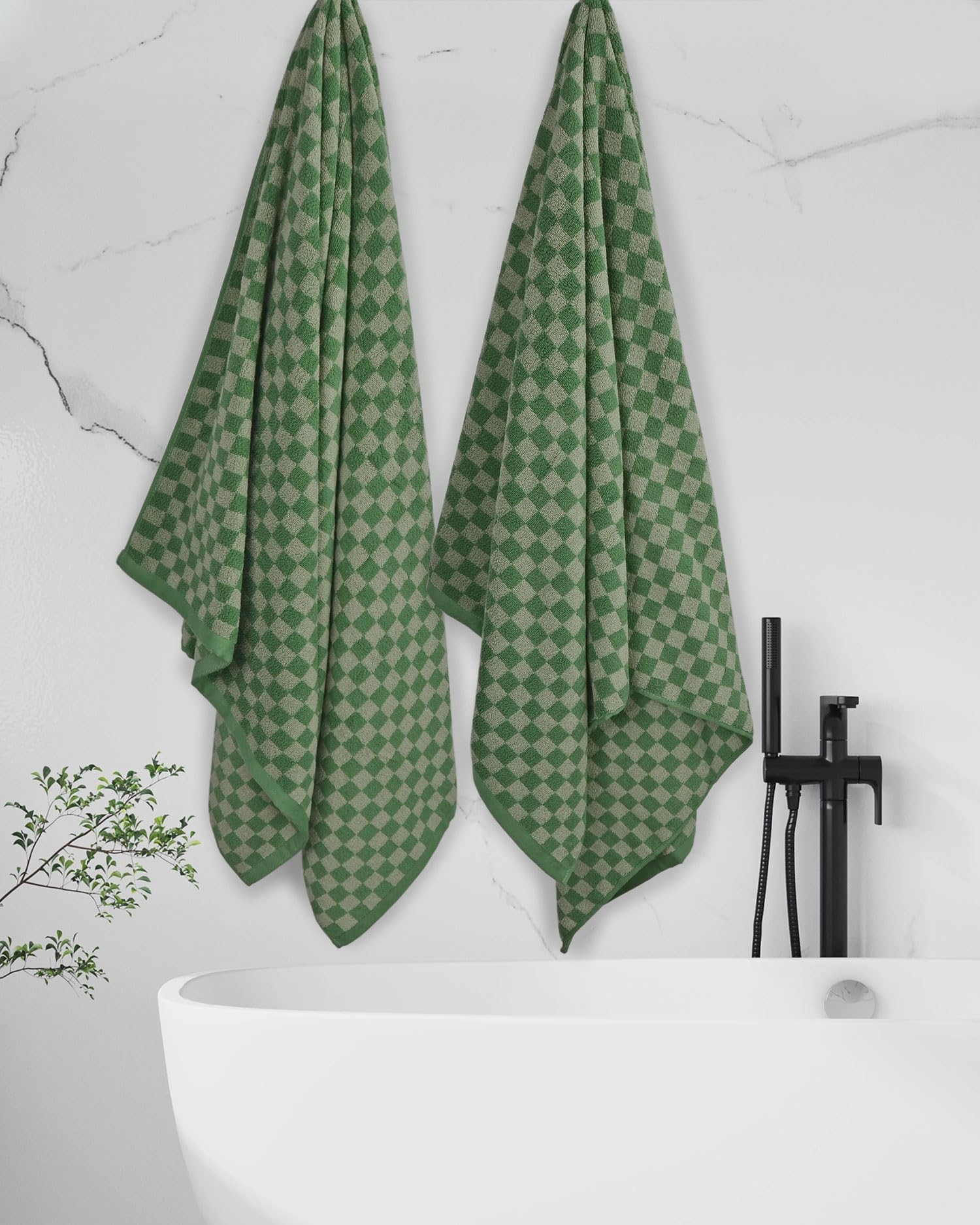 Jacquotha Luxury Bath Towels For Bathroom Green Checkered (54X28 Inches) - Cotton Soft Absorbent Shower Towels 2 Pack Daily Use
