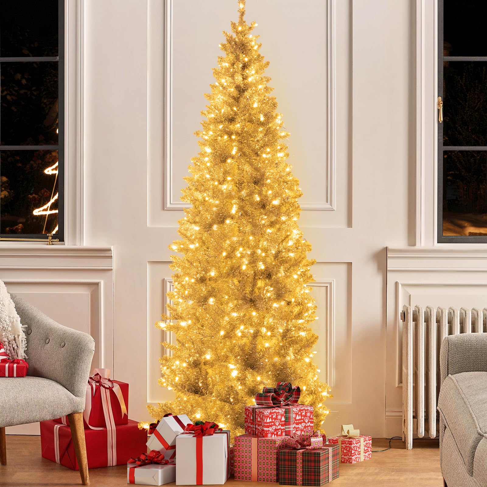 GOFLAME 7FT Pre-Lit Pencil Christmas Tree, Hinged Christmas Tree with Tinsel Leaves, 1030 Branch Tips & 400 Warm White LED Light