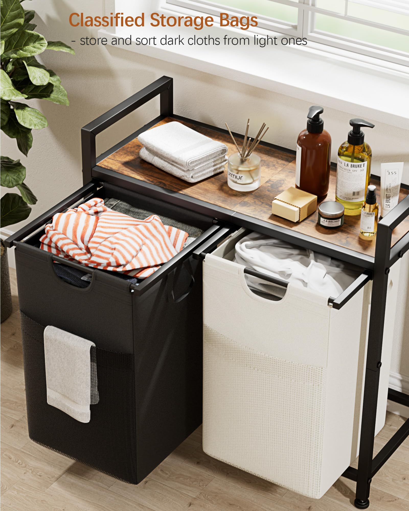 Lulive Double Laundry Hamper, Multifunctional Basket Organizer, 112L Laundry Sorter With Removable Bags And Fabric Handles, Larg