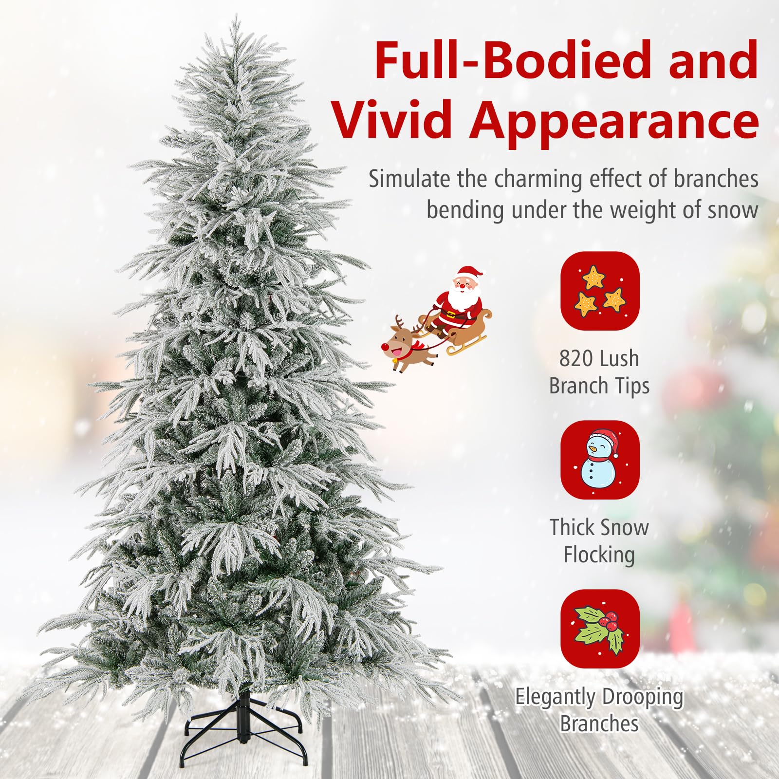 Goplus 7 FT Pre-Lit Snow Flocked Christmas Tree, Artificial Hinged Xmas Tree with 820 PE & PVC Mixed Branch Tips, 340 Warm White