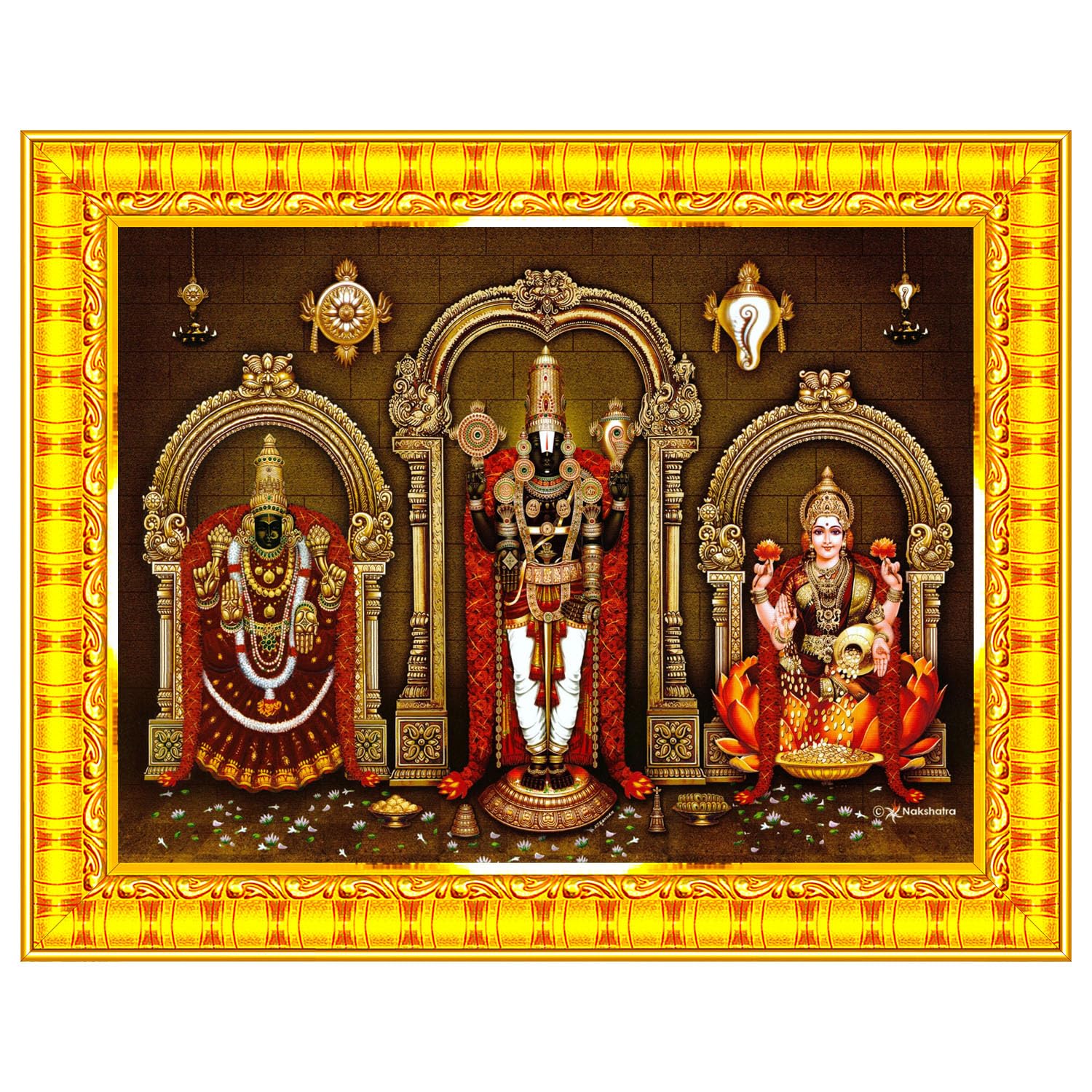 Pavan Photo Laminations Balaji Lakshmi Padmavati Venkateshwara Swamy Wall Painting Framed Home Decor (Wood,Matte,Gold,Big Size,1