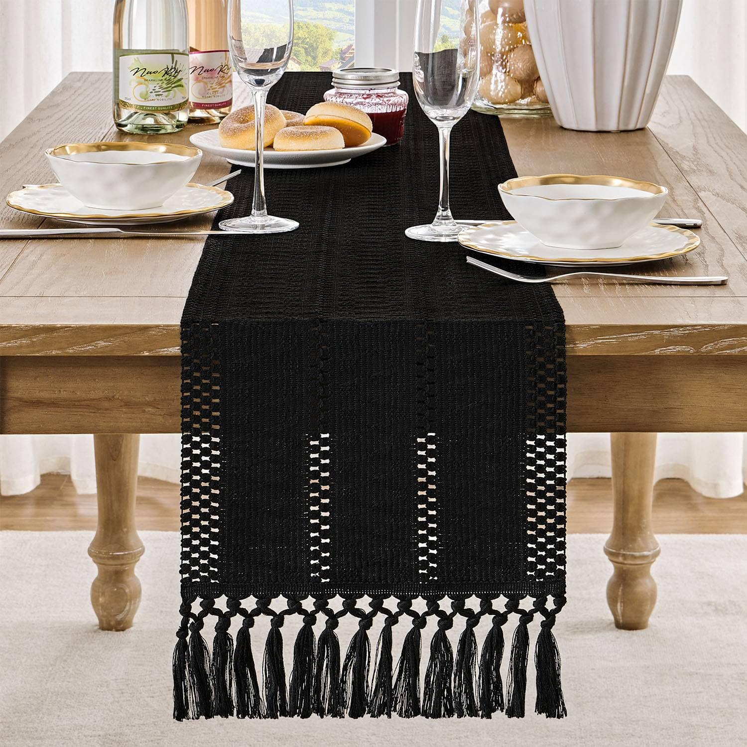 Zeemart Macrame Style Boho Table Runner, Black Table Runners 90 Inches Long, Farmhouse Woven Home Decor, 12X90 Inch, Black