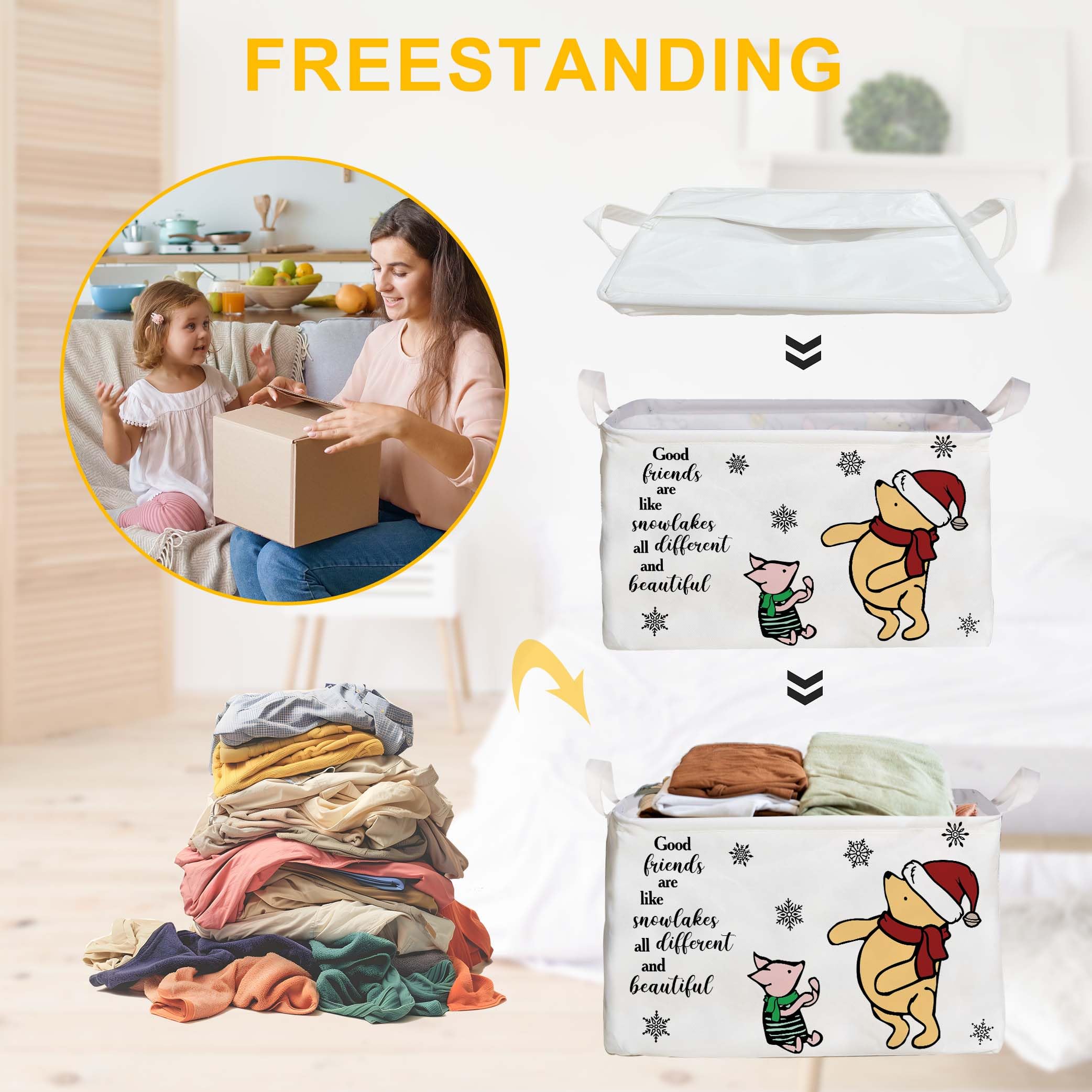 Winnie Theme Christmas Nursery Decor,the Pooh Christmas Gift,Large Canvas Laundry,Hamper Winnie Baby Stuff with A Waterproof PE