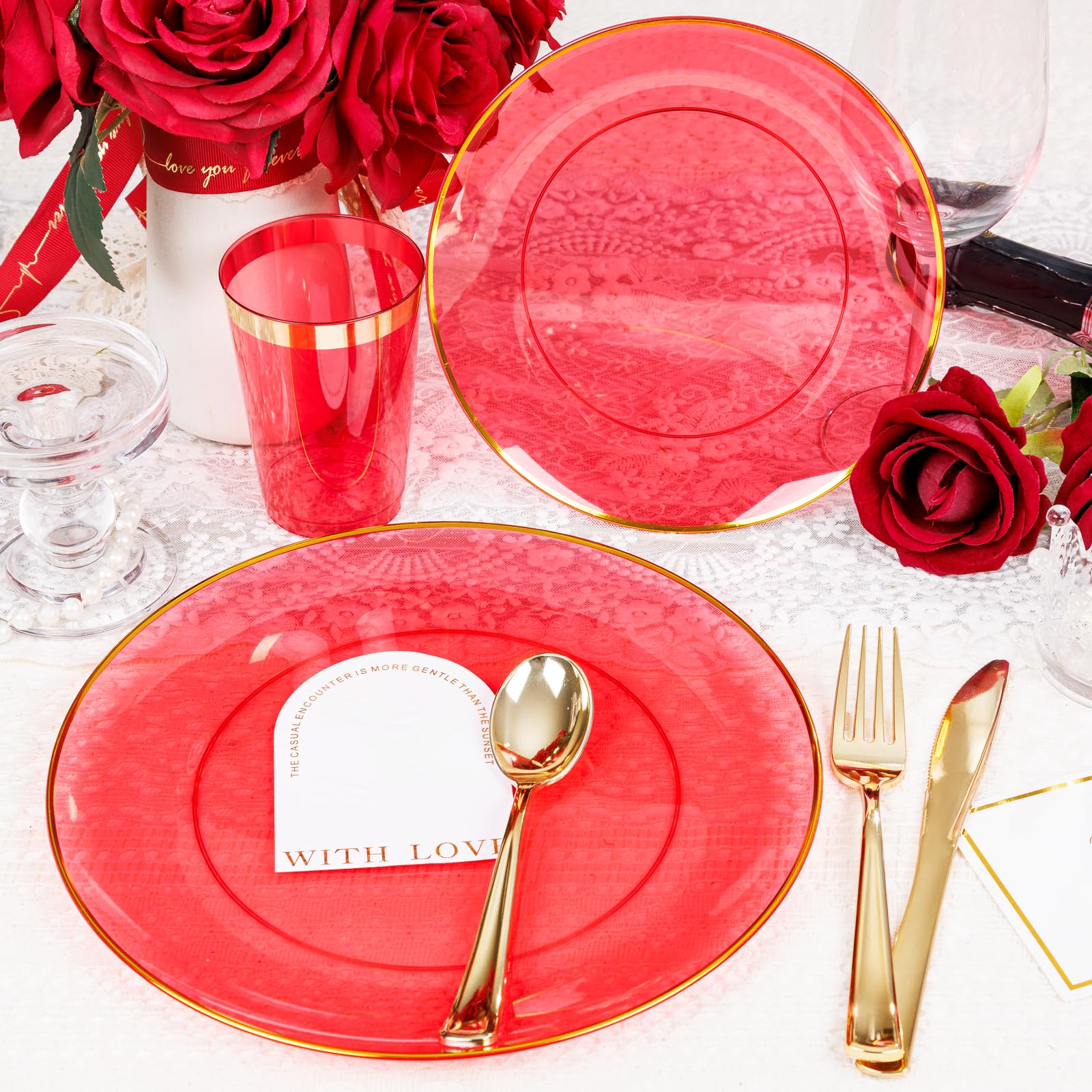 Liyh 180Pcs Clear Red Plastic Plates Disposable - Plastic Red Dinnerware Set With God Edge Plates Include - Gold Plastic Silverw