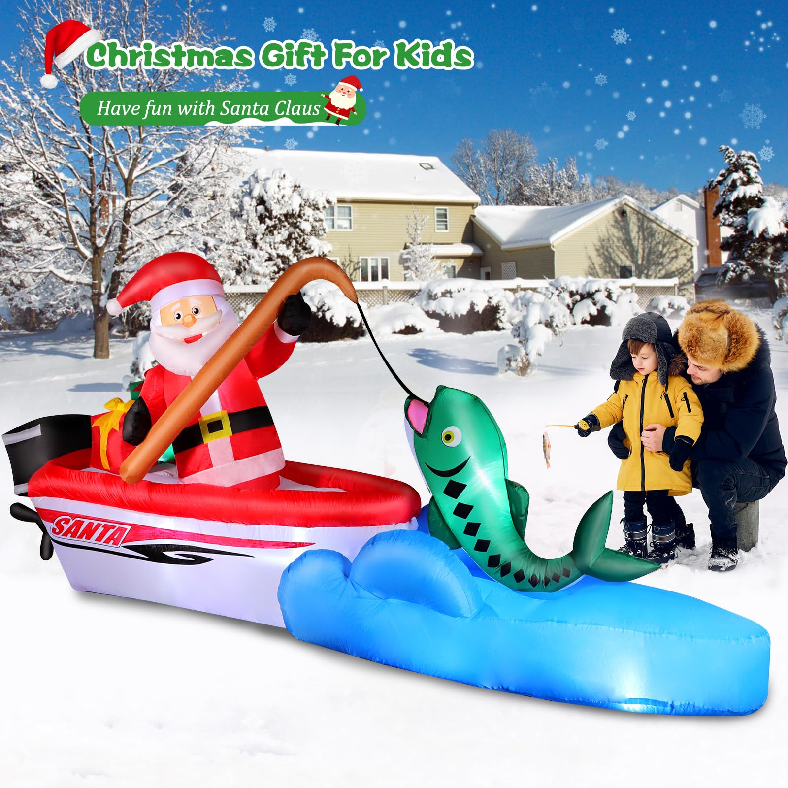 FunFanso 11FT Christmas Inflatable Santa Claus Fishing on The Boat, Blow up Outdoor Decorations with Built-in Bright LED Lights,
