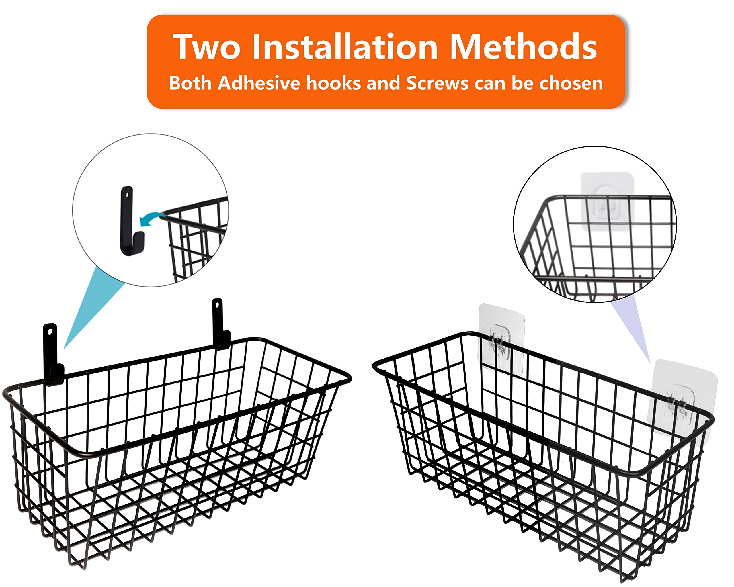 3 Set Hanging Wire Baskets Wall Mount Fruit Basket No Drilling Adhesive Small Metal Basket Farmhouse Food Storage Mesh Bin Kitchen Pantry Laundry Bathroom Closet Garage RV Black