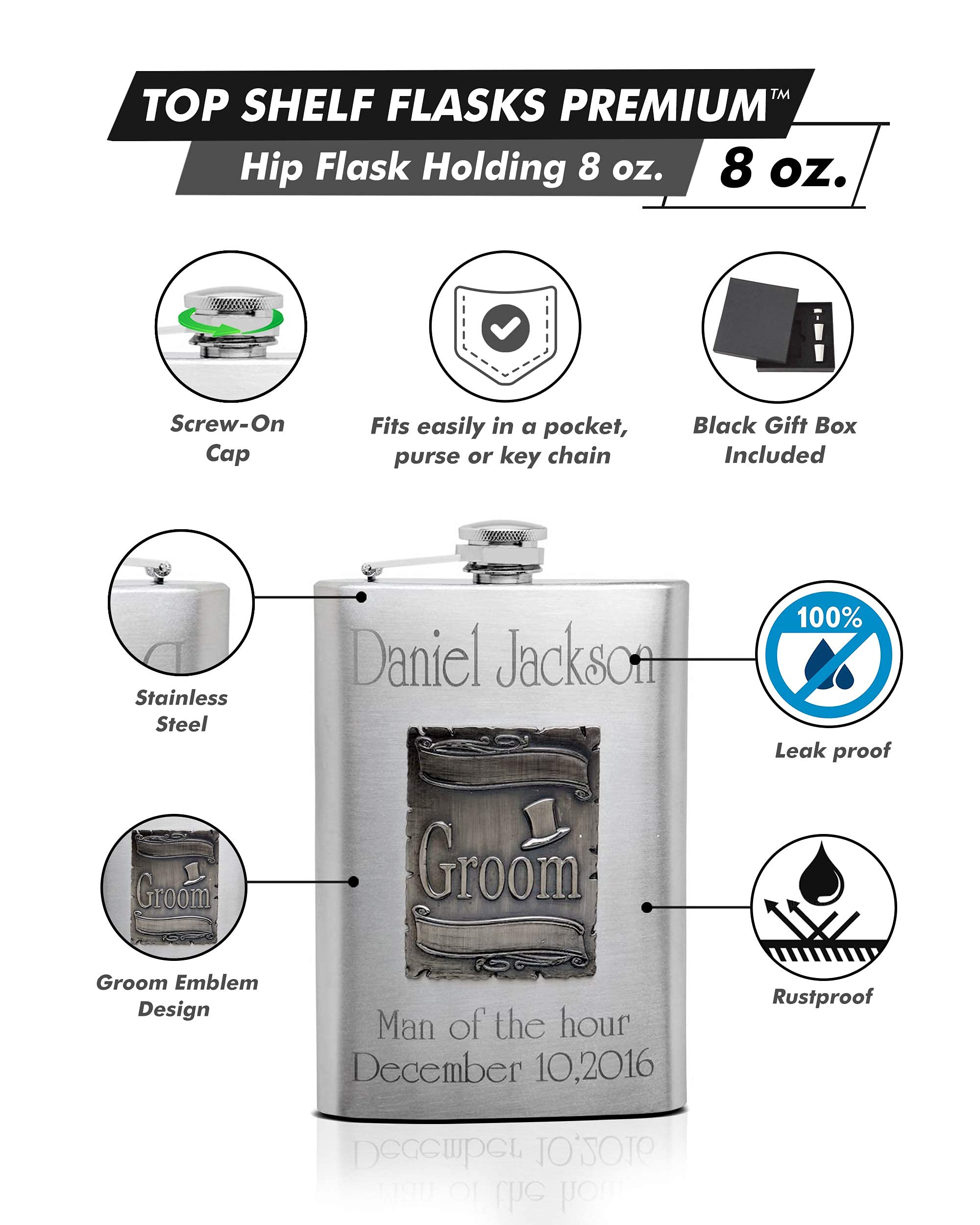 Hip Flask Holding 8 Oz - Groom Emblem Design - Metallic Grey Finish Stainless Steel Screw-On Cap Expertly Welded Leakproof Rustp