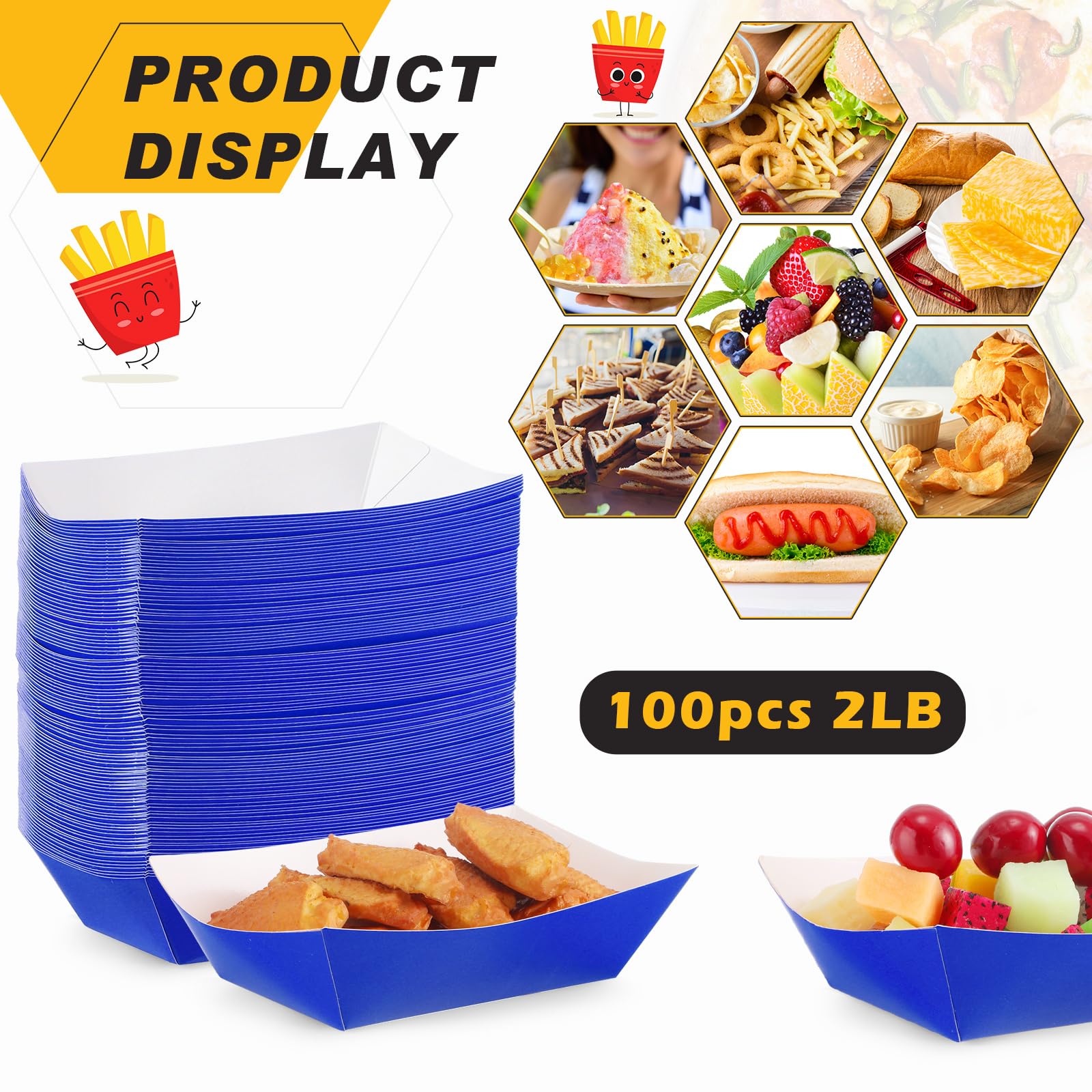 Yinkin 100 Pcs 2Lb Paper Food Trays Boat 2Lb Disposable Nacho Trays Kraft Paper Boat For Tacos Concession Halloween Christmas Pa
