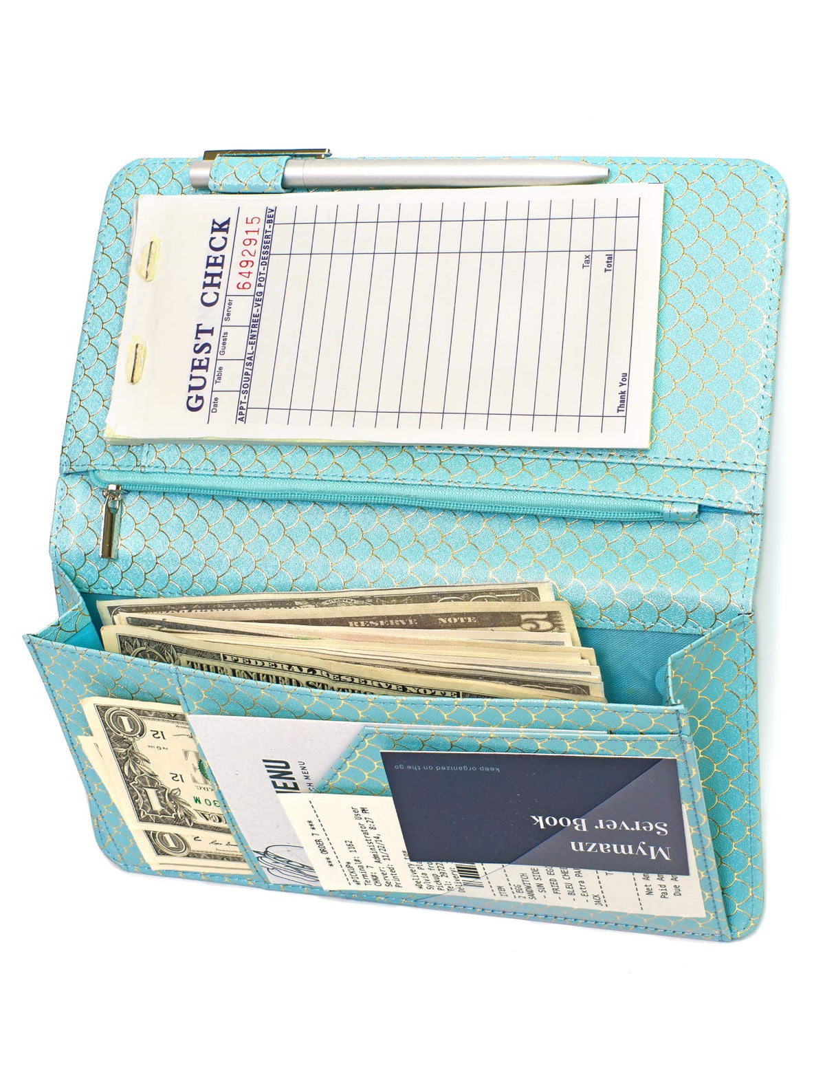 Mymazn Server Wallet Waitress Book Magnetic With Money Zipper Pocket Shimmer Waiter Organizer Fits Restaurant Guest Check Order