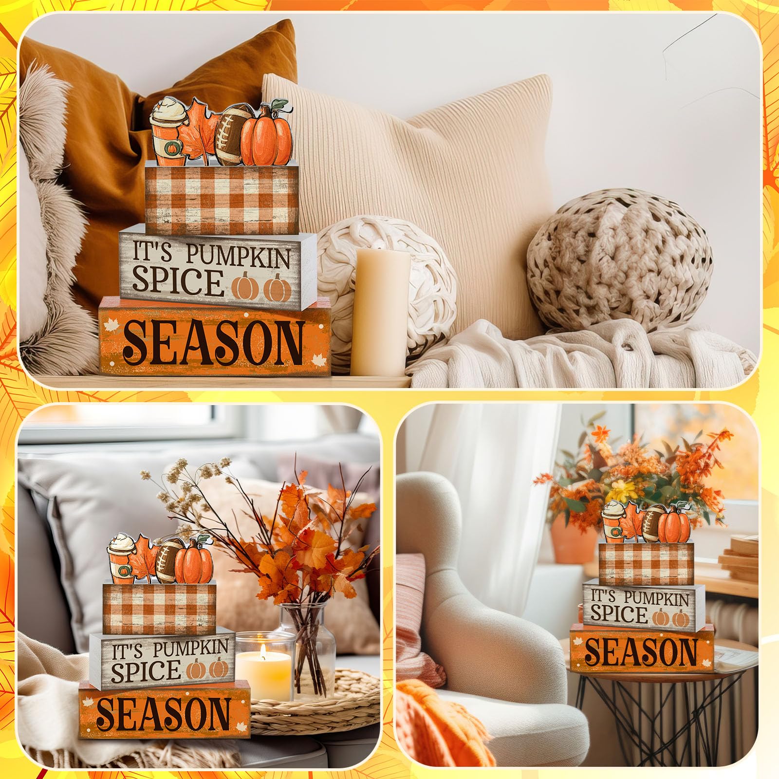 Lineshading 4 Pcs Fall Football Decorations for Home Thanksgiving Table Decor Fall Tiered Tray Decor Decorative Football Maple L