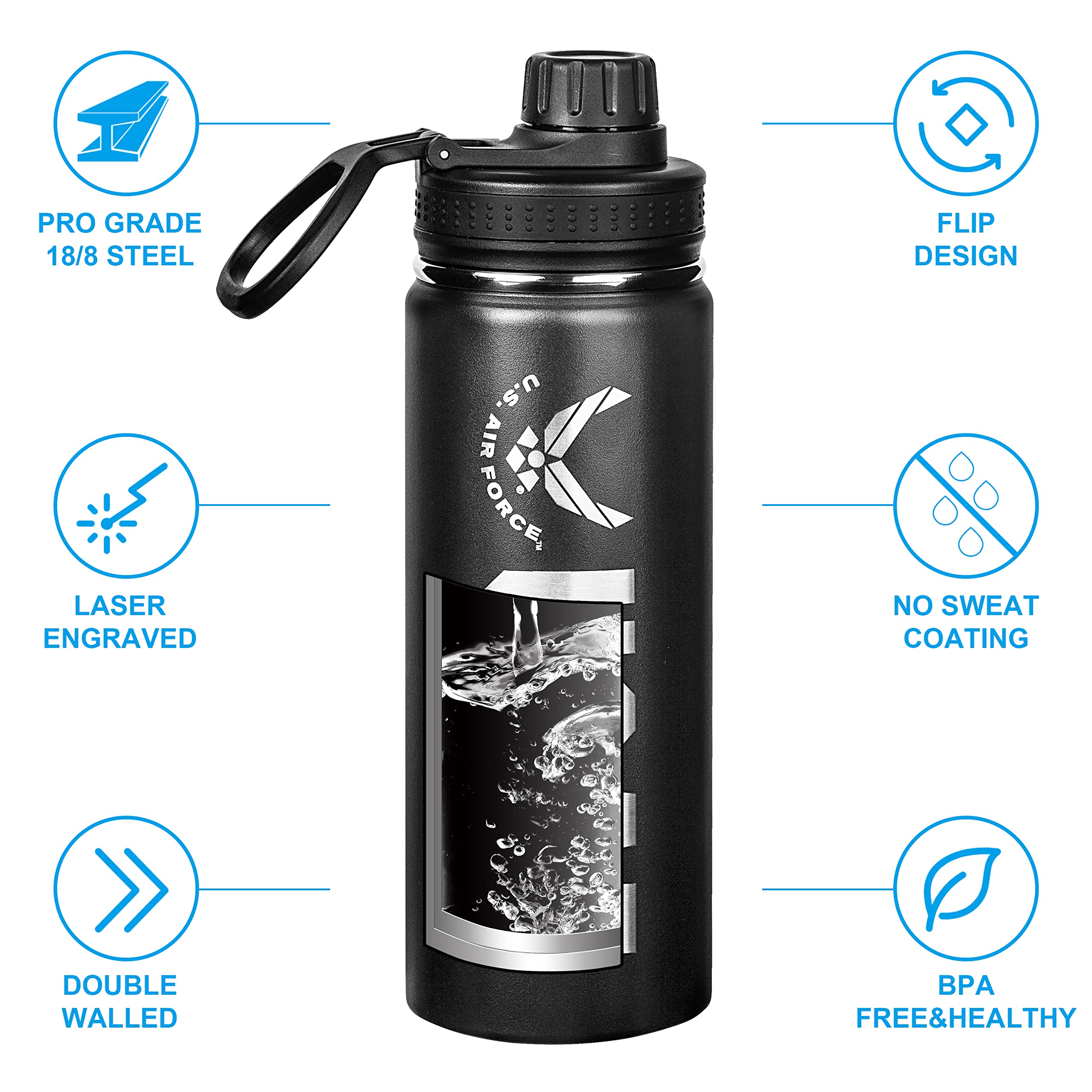 20oz US Air Force Water Bottle - USAF Double Wall Vacuum Insulated Stainless Steel Great for PT and Outdoor Sports Like Hiking Camping and Cycling-OFFICIALLY LICENSED