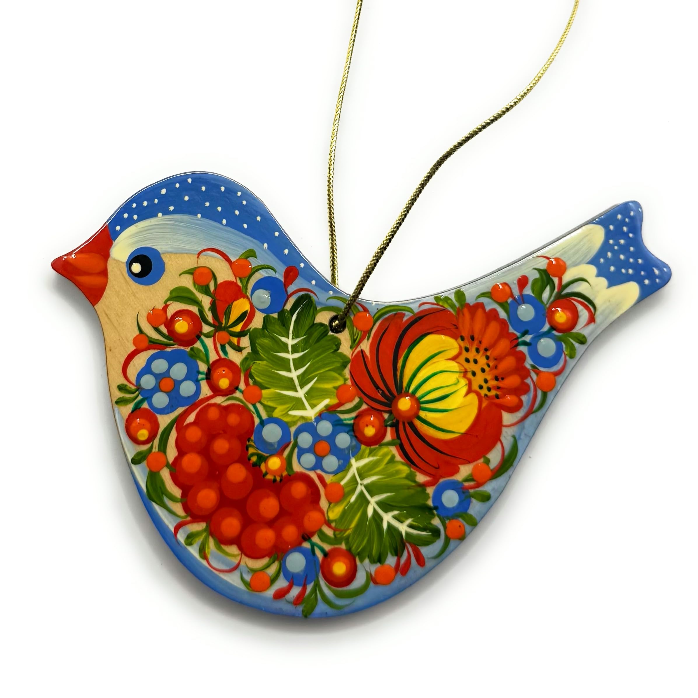 Beautiful Bird Hanging Wooden Ornament 4,3 x 3,3 x 0,2 inch Hand-painted on Both Sides with Petrykivka Painting, Ukrainian Art