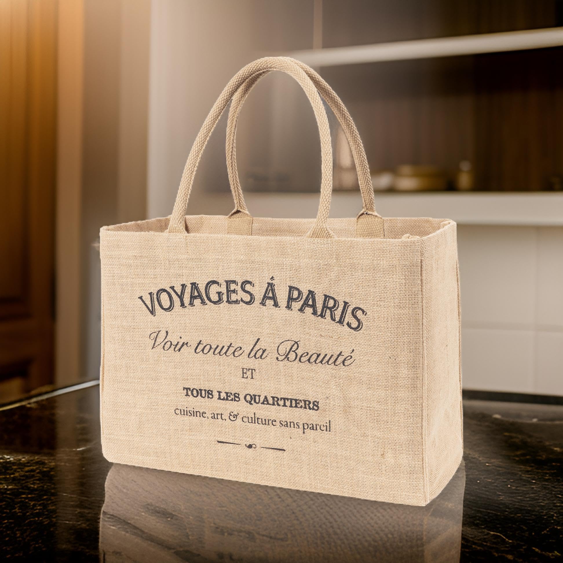 Kaf Home Jute Market Tote Handles Reusable Grocery Bag, Voyages