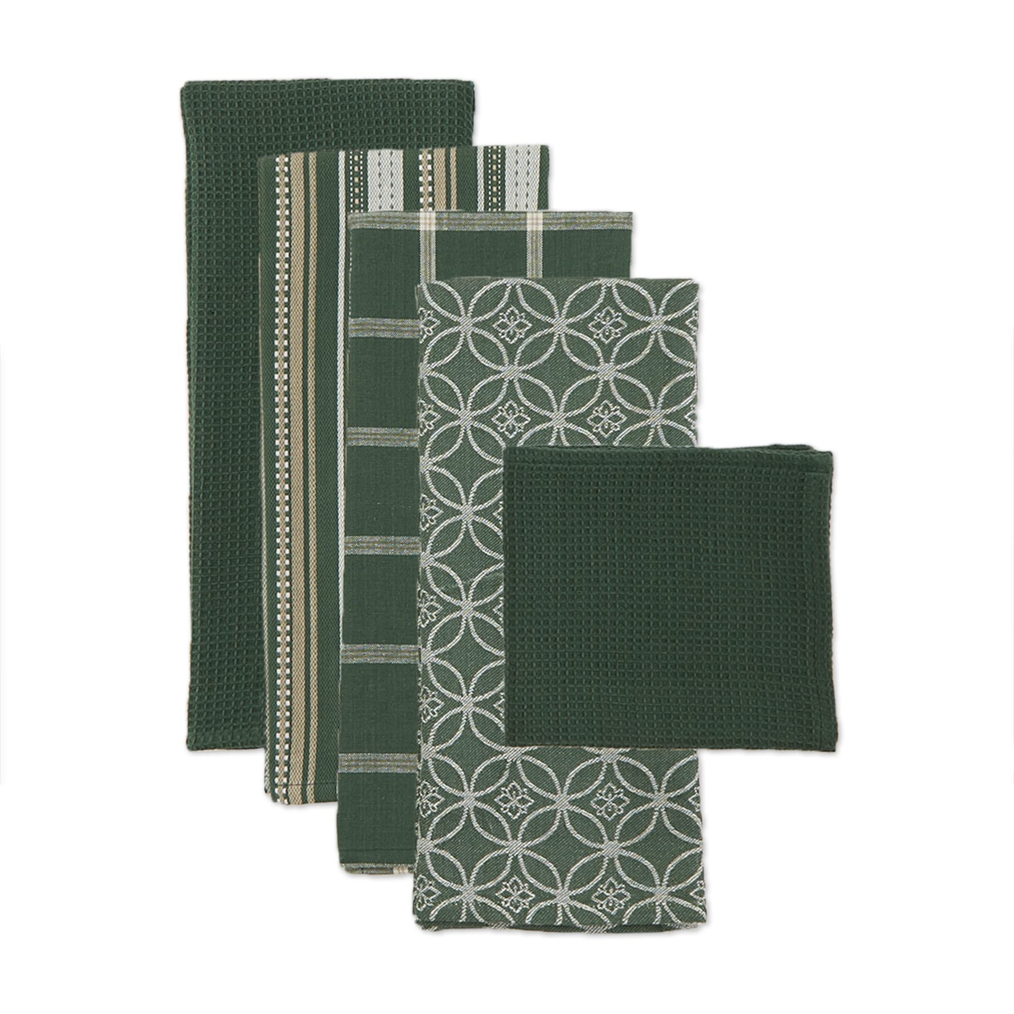 Dii Assorted Woven Kitchen Set, Dishtowel, 18X28, Dishcloth, 13X13, Dark Green, 5 Piece
