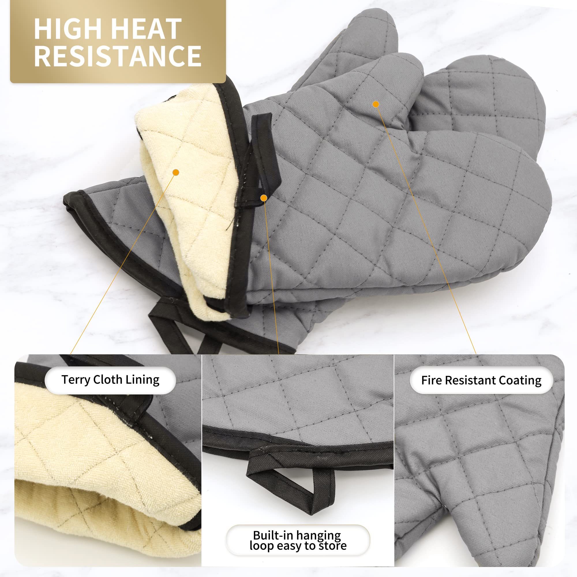 Arcliber Oven Mitts 2 Pairs Of Quilted Terry Cloth Cotton Lining,Extra Long Professional Heat Resistant Kitchen Oven Gloves,16 I